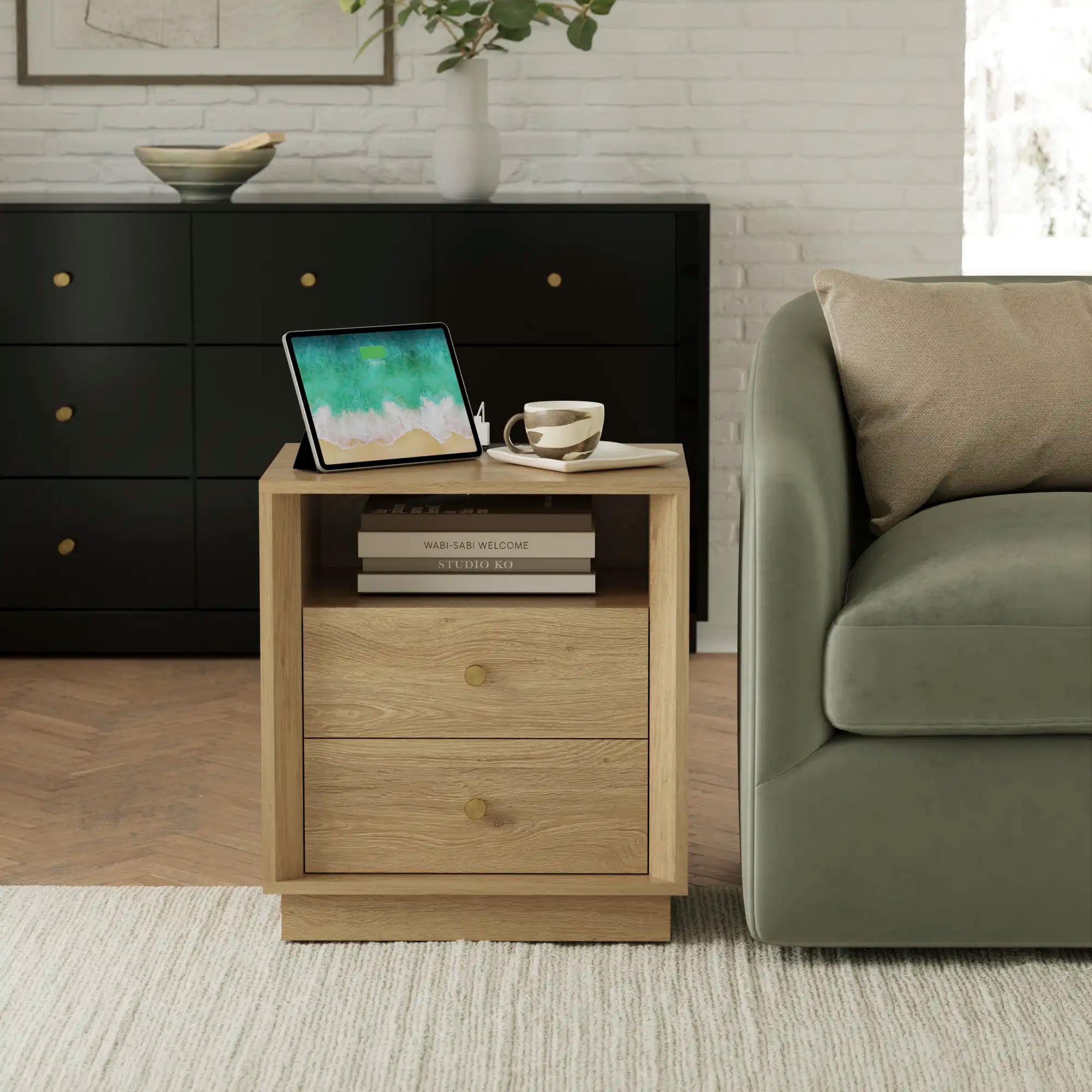 Mid-Century Modern Goak Nightstand with Beveled Edges | Fortunetec