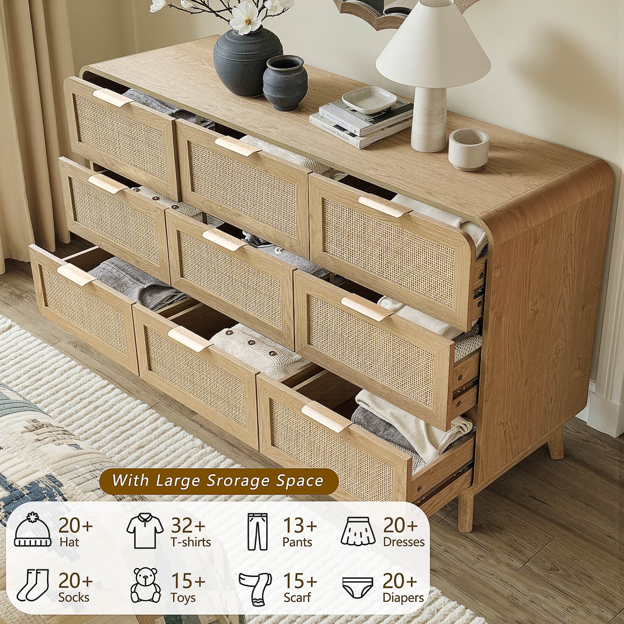 Kommode aus Eiche und Rattan mit 9 Schubladen – Boho-Chic-Kommode
