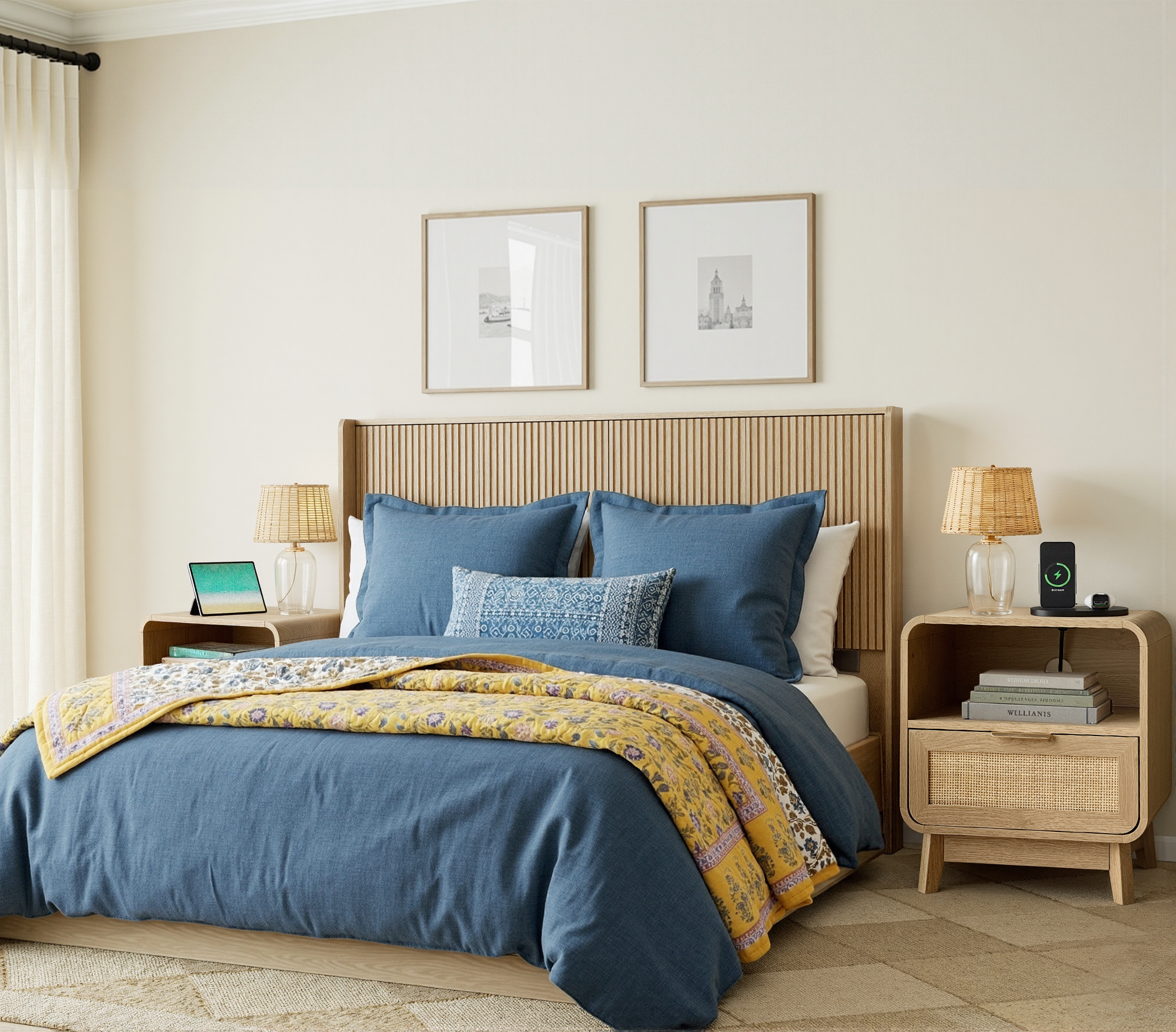 Nachttisch aus Eiche und Rattan – Boho-Nachttisch mit Schublade