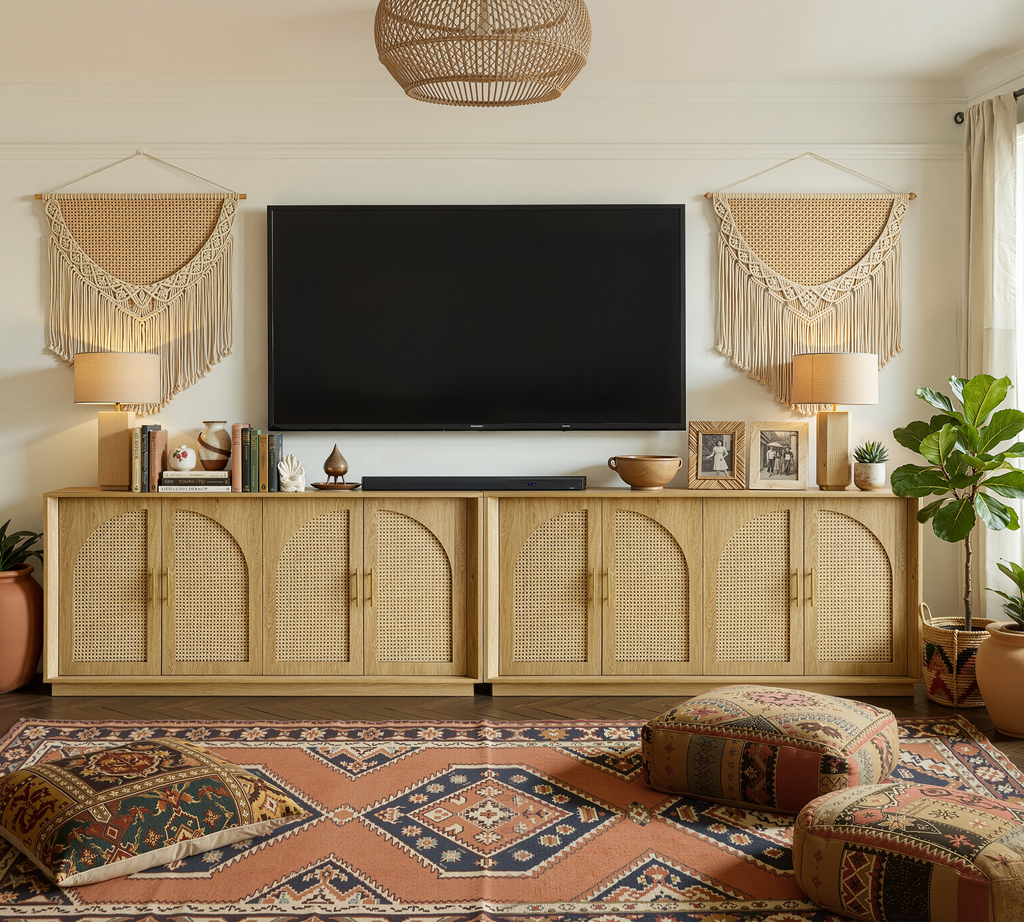 63" 4 Rattan Sideboard – Eiche Natur für Ess- & Wohnzimmer