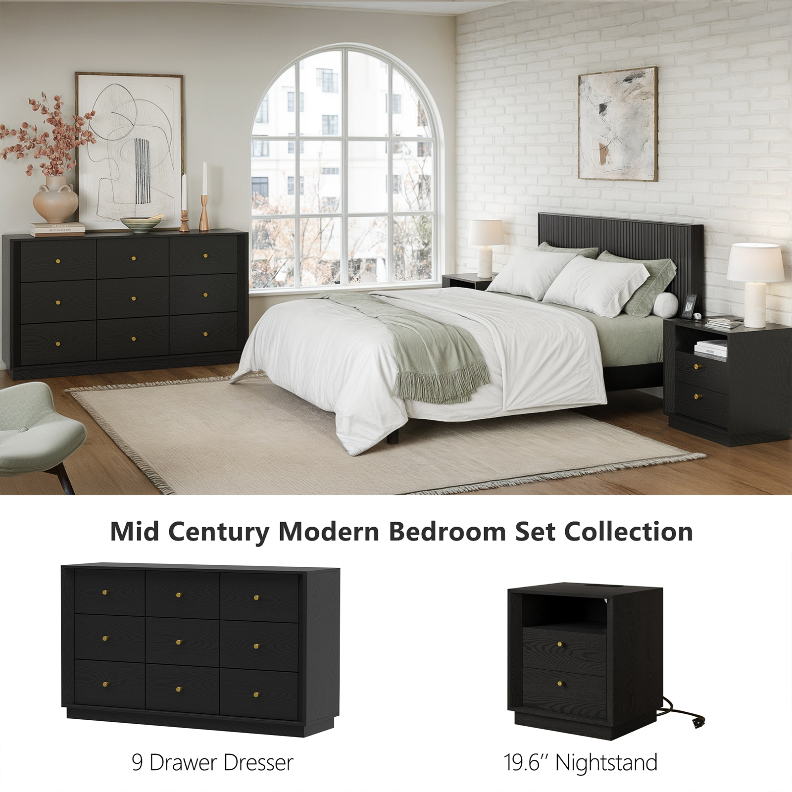 Mid-Century Modern Black Wood 9-Drawer Dresser – Wide Storage Chest for Bedroom & Living Room - FORTUNETEC