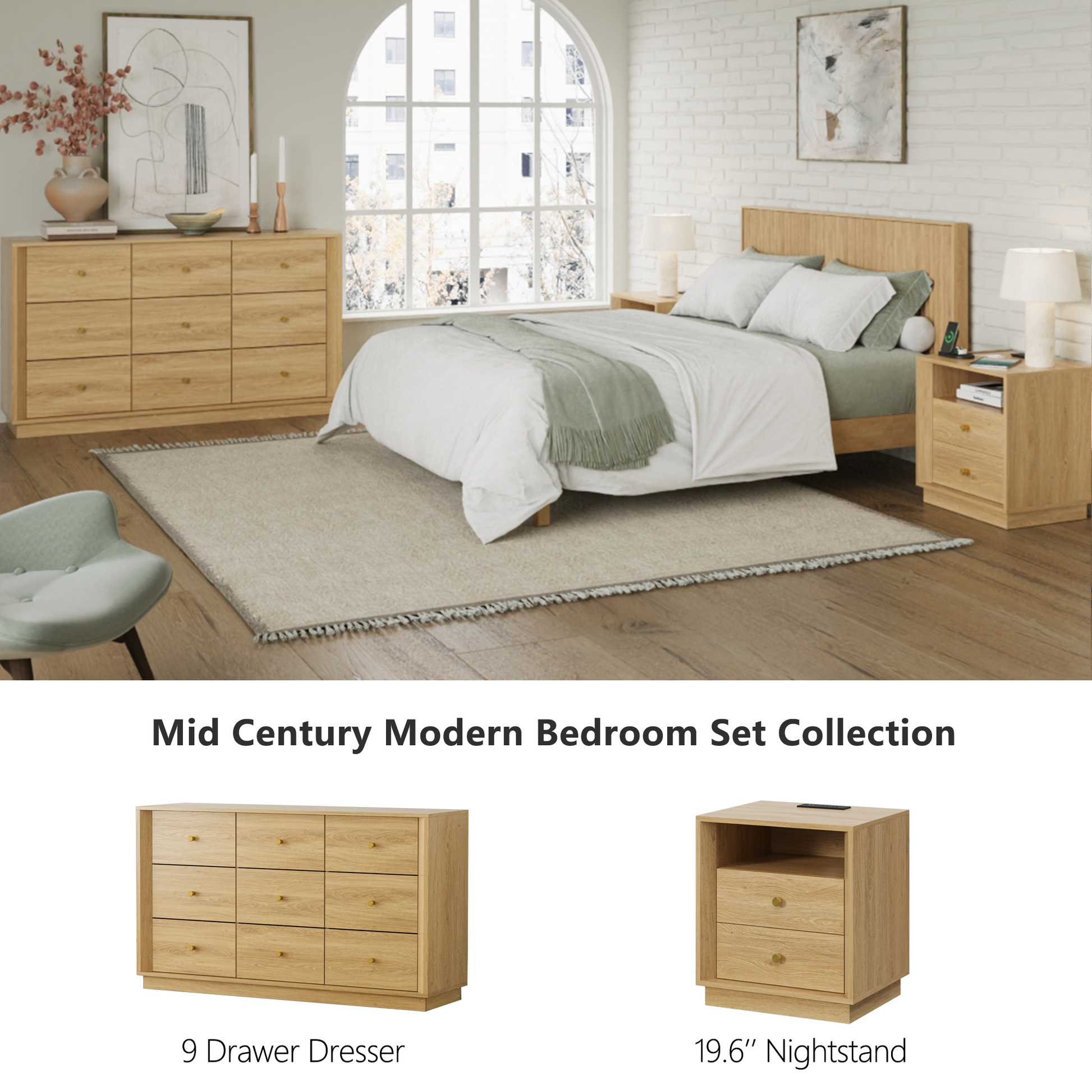 Mid-Century Modern 9-Drawer Dresser in Oak – Wide Storage Chest for Bedroom & Living Room - FORTUNETEC