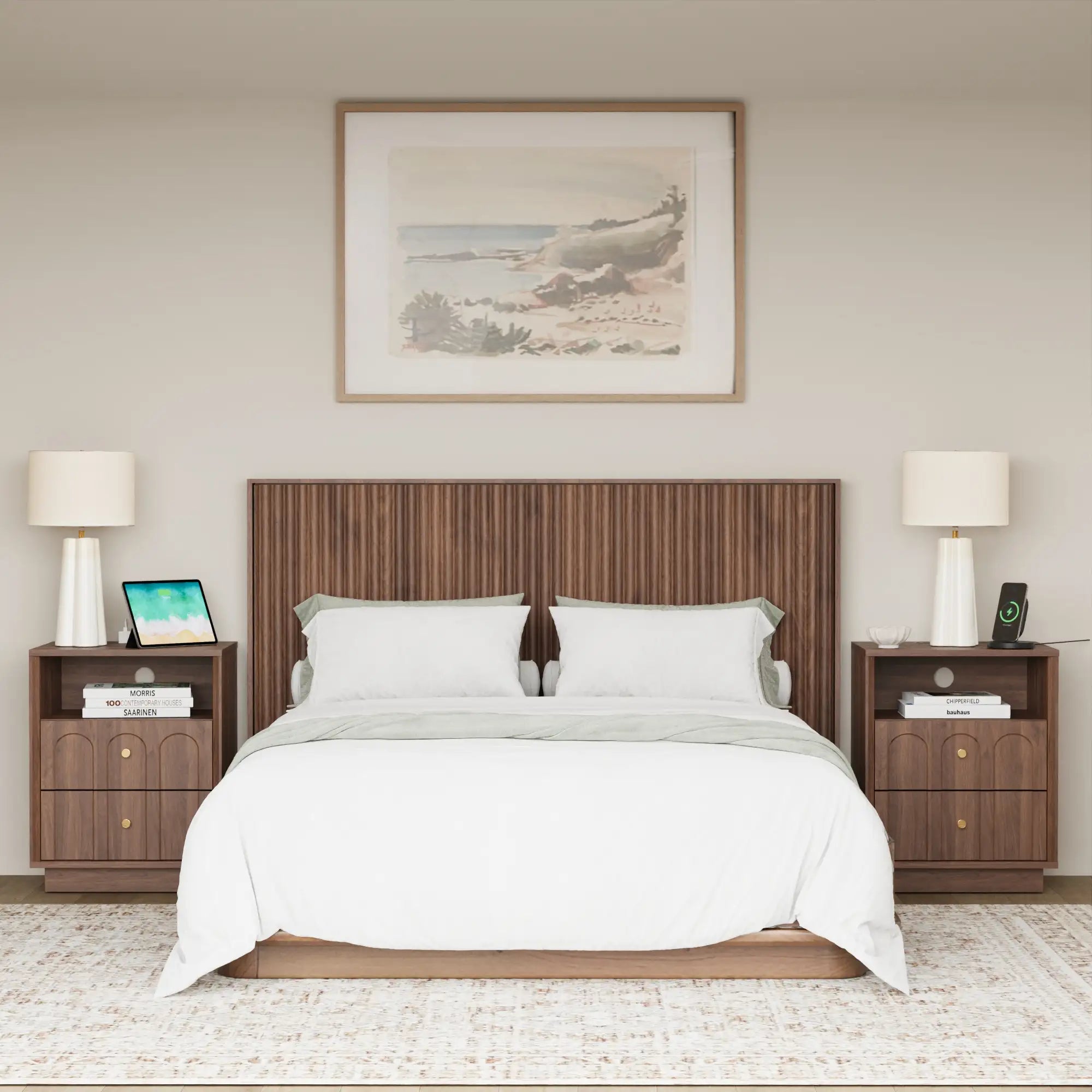 Mid-Century Walnut Nightstand with Arch Design Set 2