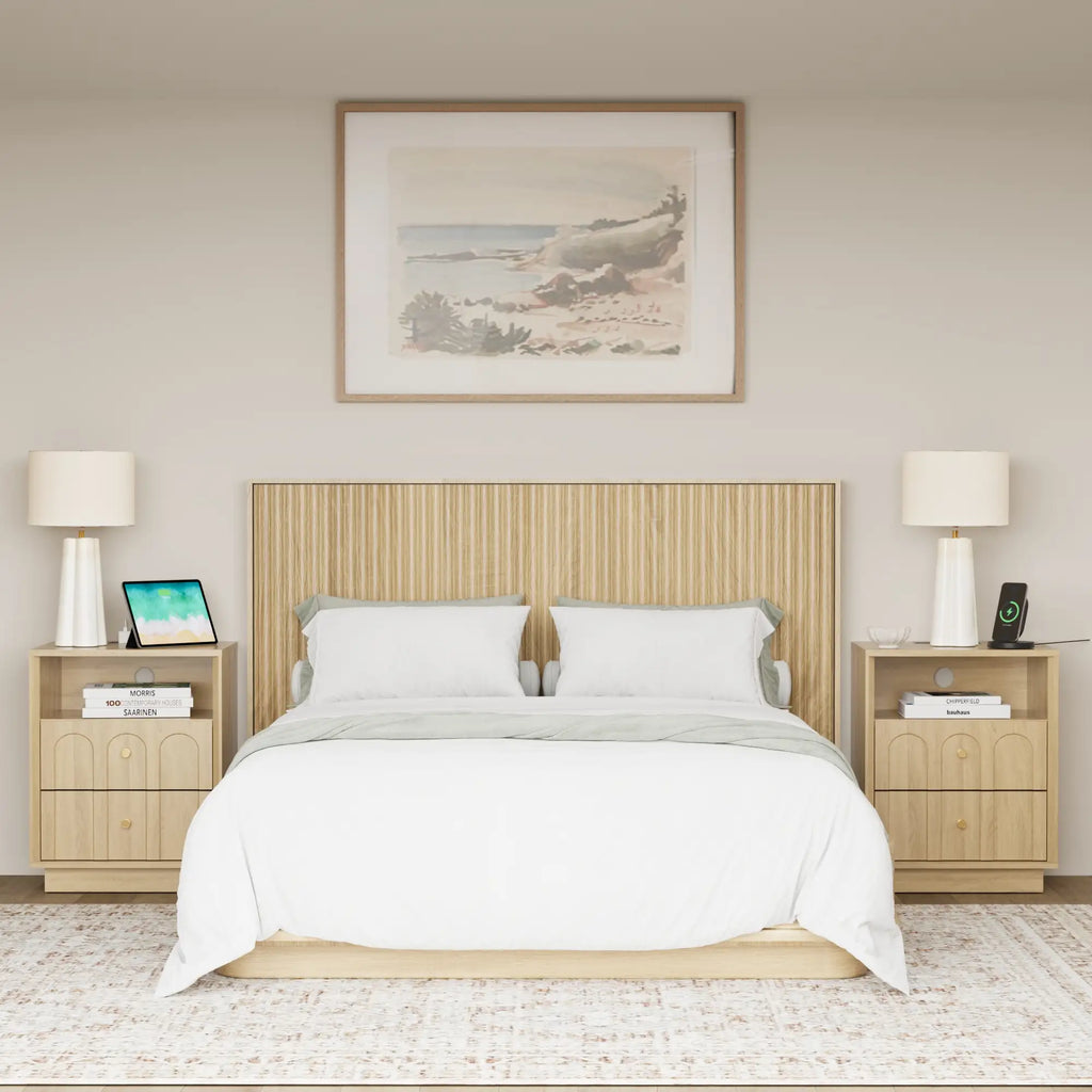 Mid-Century Oak Wood Arch Nightstand with Drawers | Fortunetec