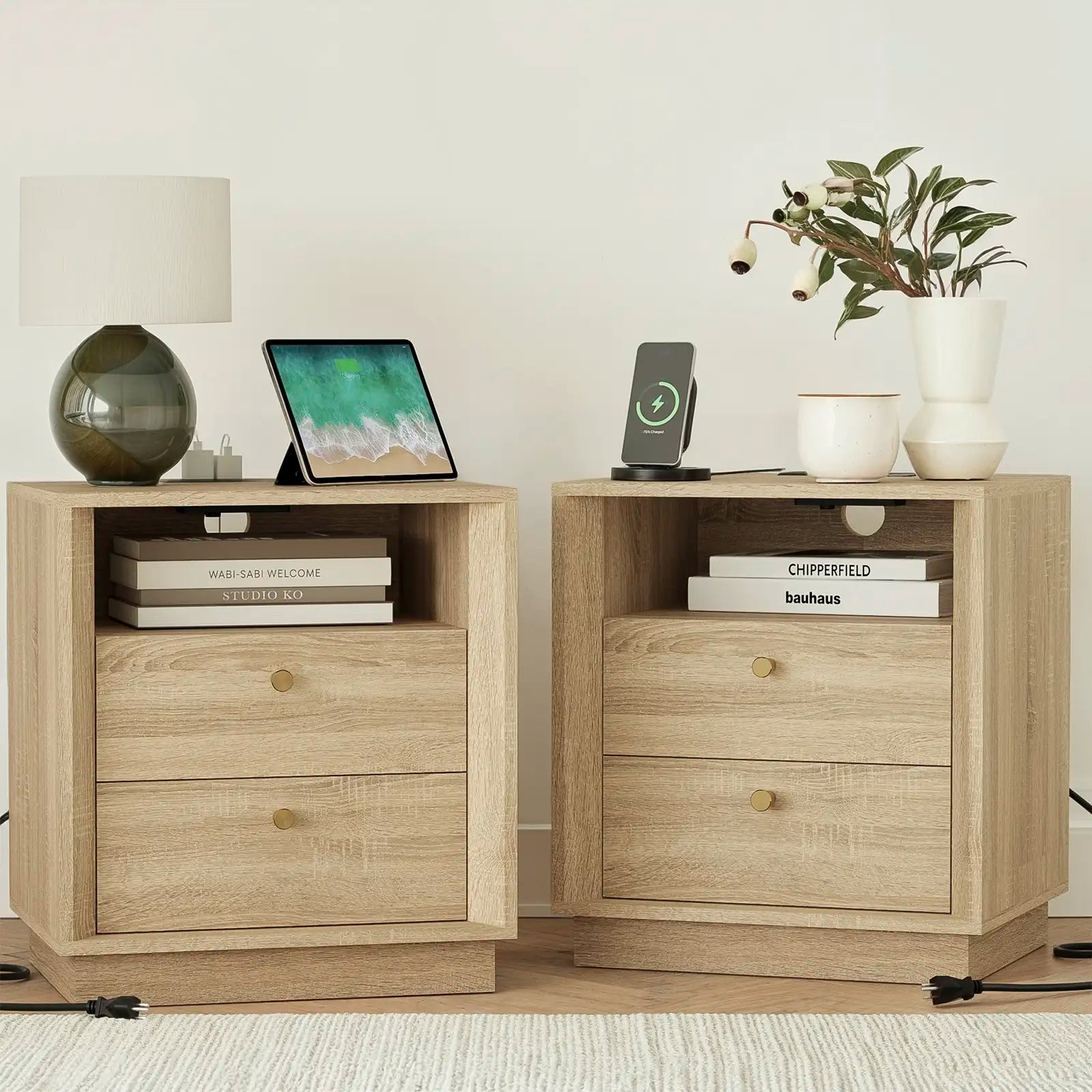 Mid-Century Modern White Oak Nightstand with Beveled | Fortunetec