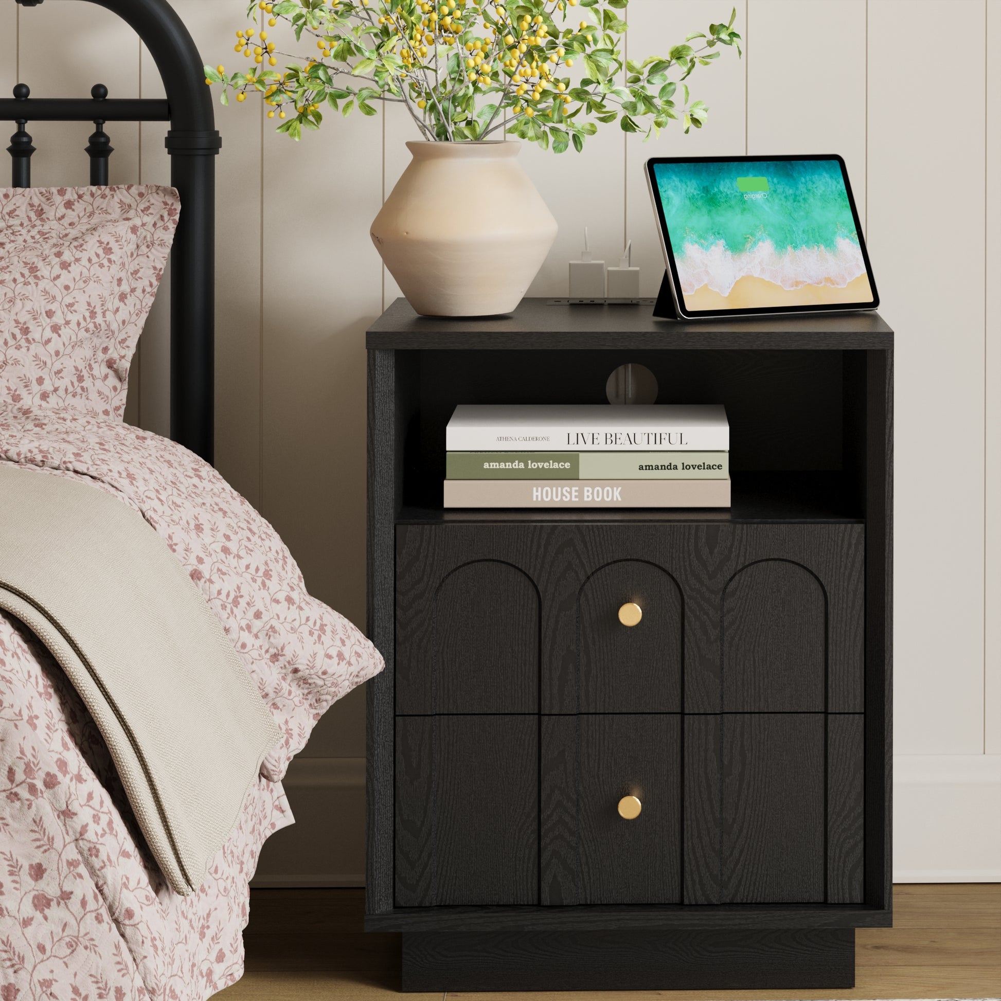 Mid Century Black Wood Nightstand with Charging Station & Drawers - FORTUNETEC