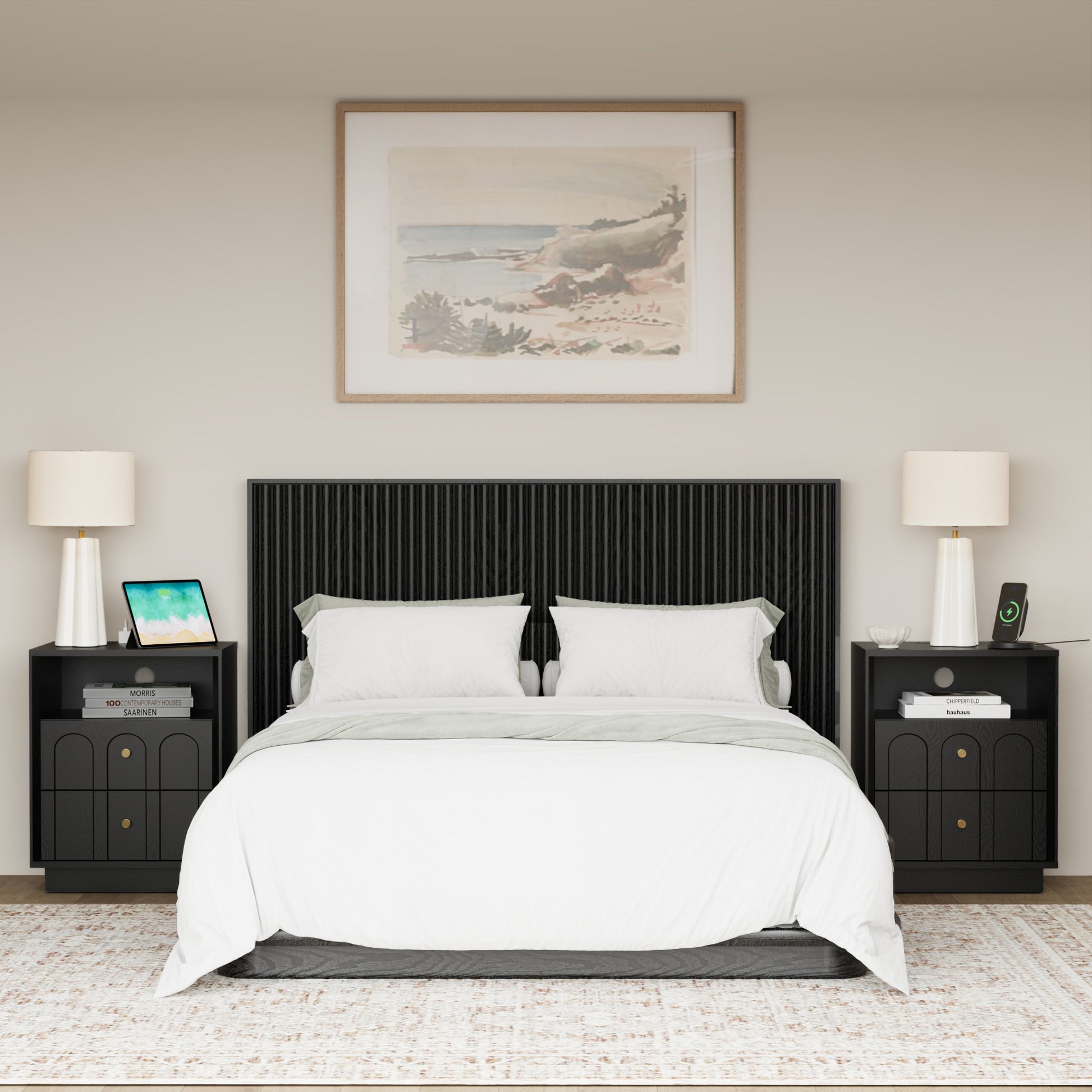 Mid Century Black Wood Nightstand with Charging Station & Drawers - FORTUNETEC