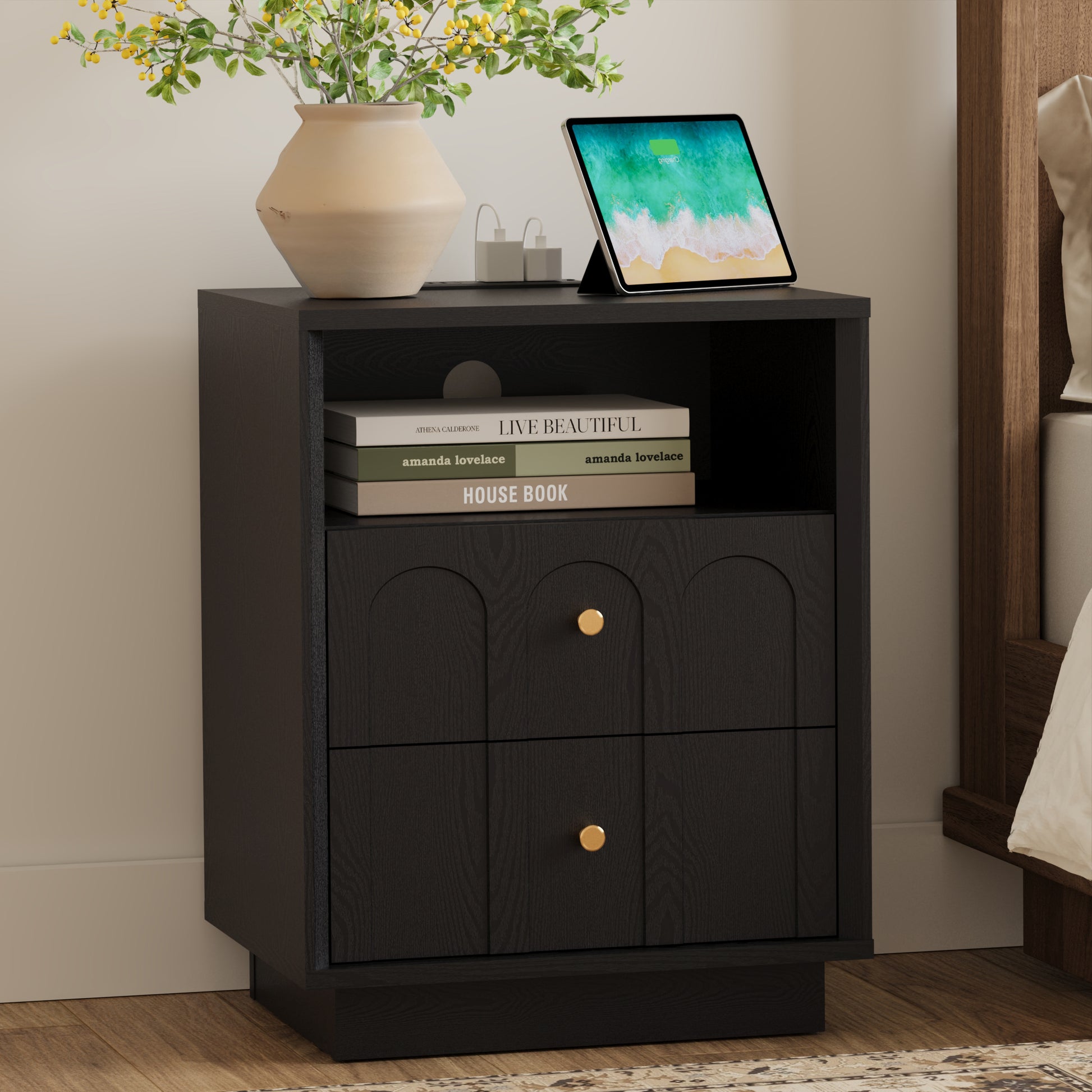 Mid Century Black Wood Nightstand with Charging Station & Drawers - FORTUNETEC