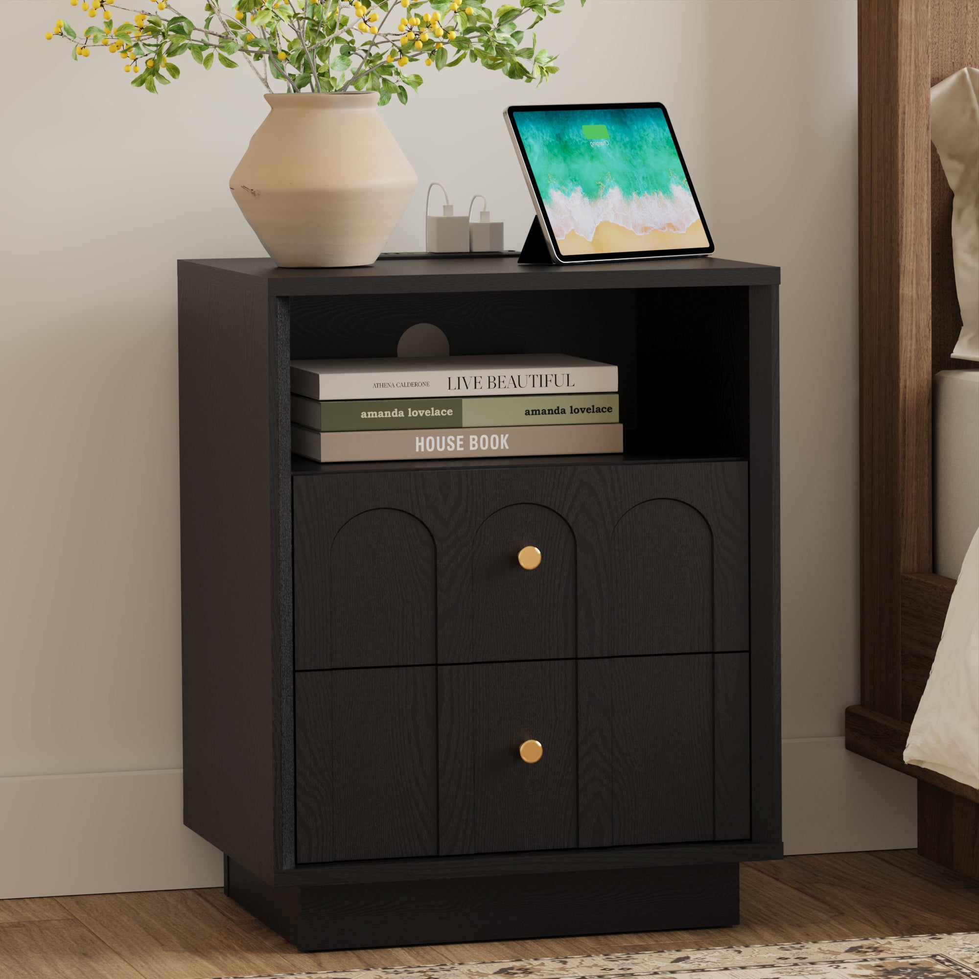 Mid Century Black Wood Nightstand with Charging Station & Drawers - FORTUNETEC
