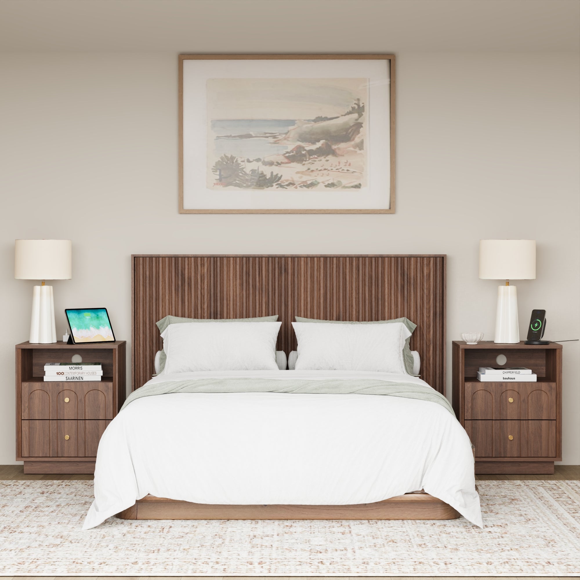Mid Century Walnut Nightstand with Charging Station & Drawers - FORTUNETEC