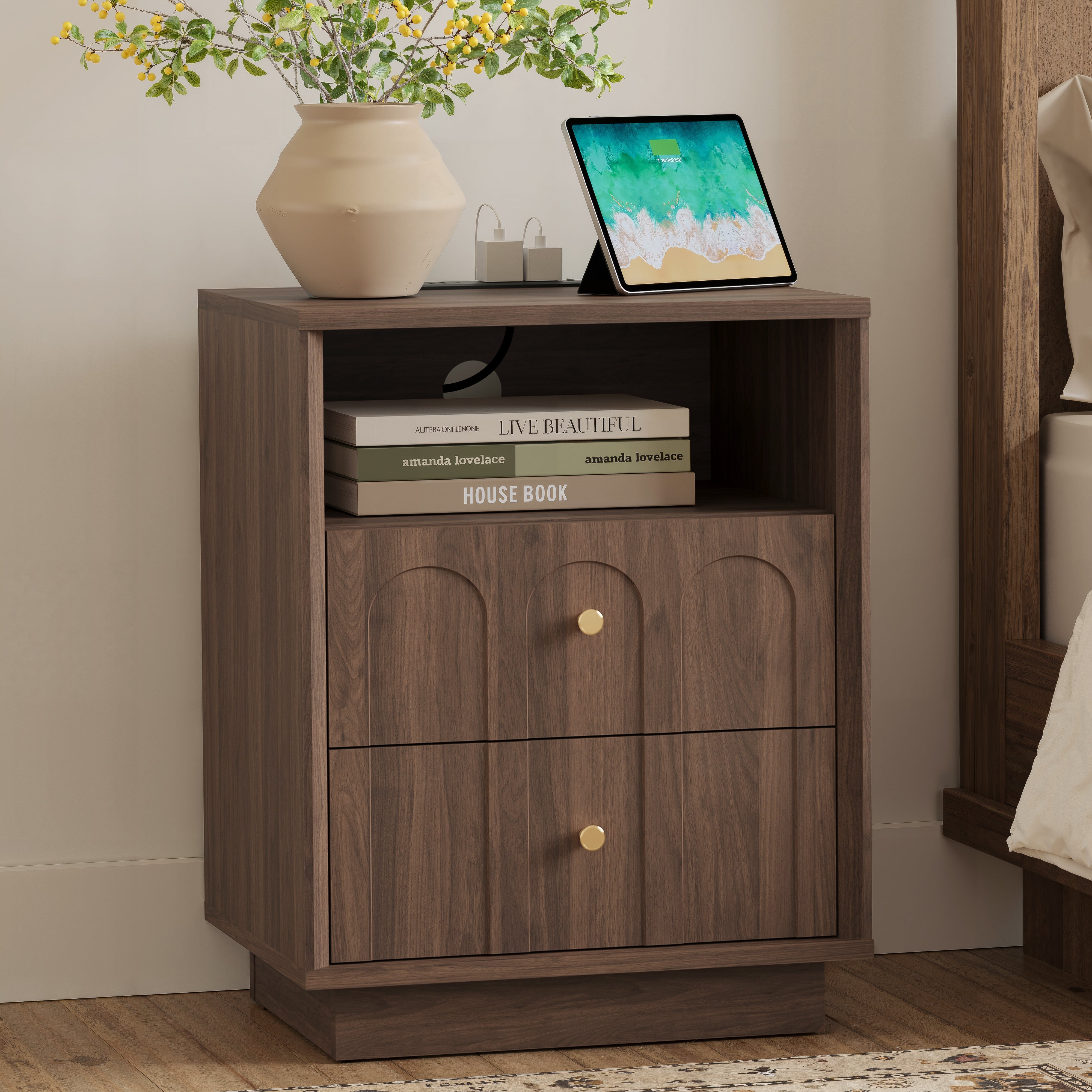 Mid Century Walnut Nightstand with Charging Station & Drawers - FORTUNETEC