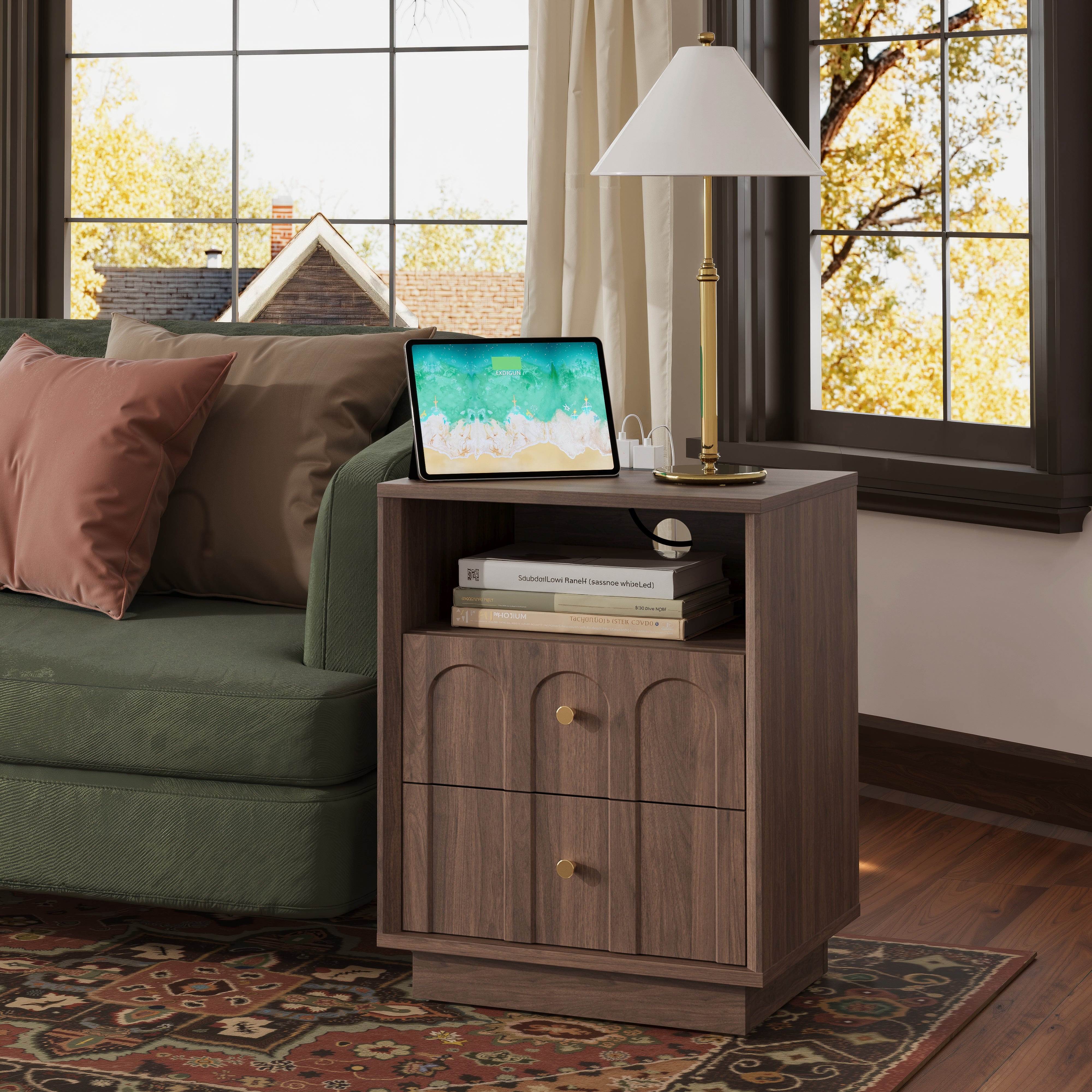 Mid Century Walnut Nightstand with Charging Station & Drawers - FORTUNETEC