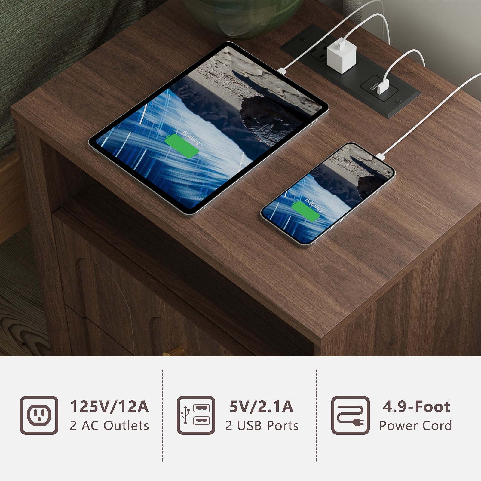 Mid Century Walnut Nightstand with Charging Station & Drawers - FORTUNETEC