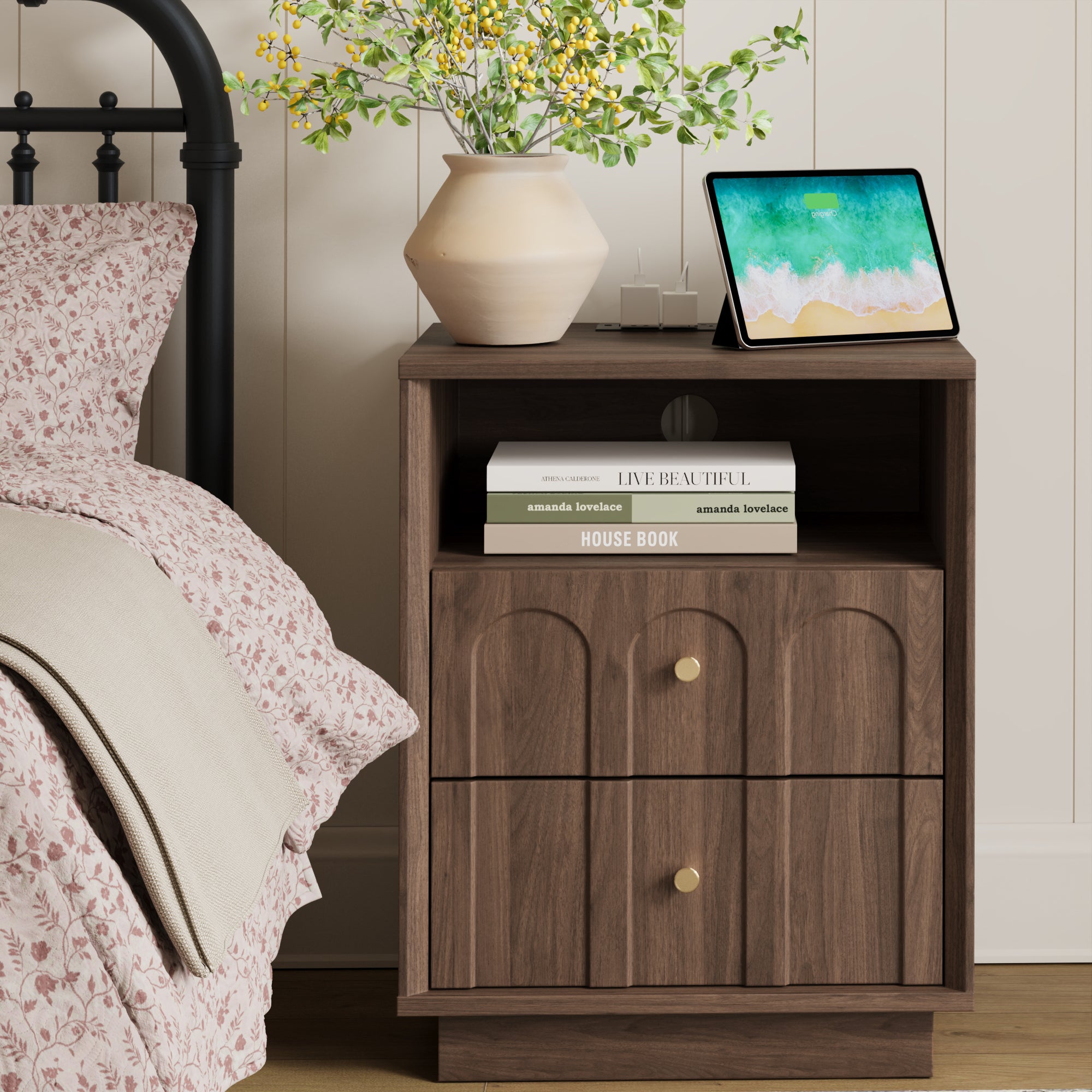 Mid Century Walnut Nightstand with Charging Station & Drawers - FORTUNETEC
