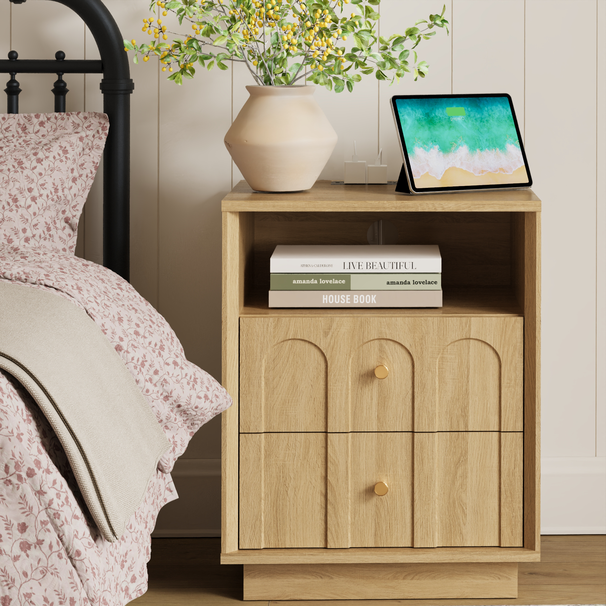 Mid Century White Oak Nightstand with Charging Station & Drawers - FORTUNETEC