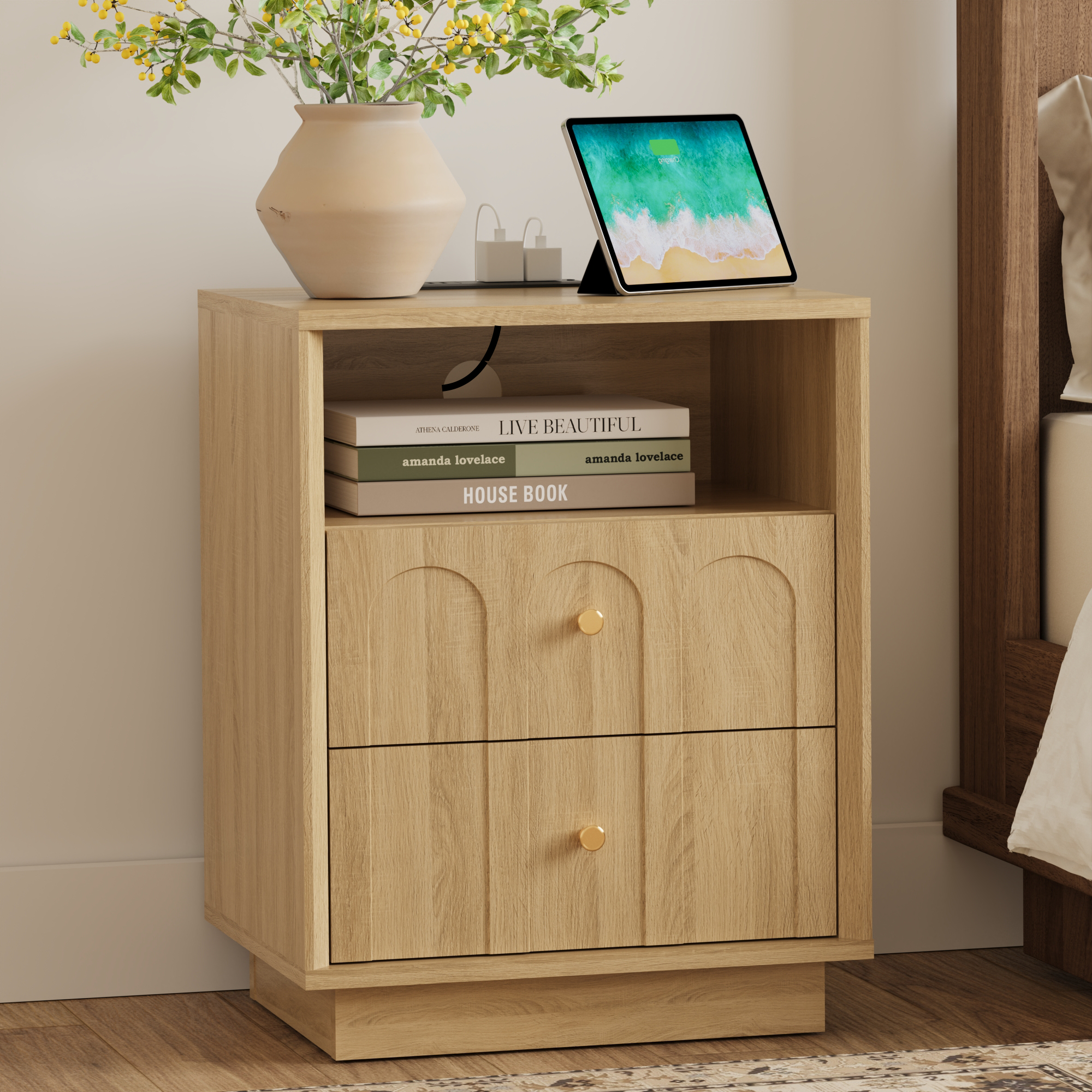Mid Century White Oak Nightstand with Charging Station & Drawers - FORTUNETEC