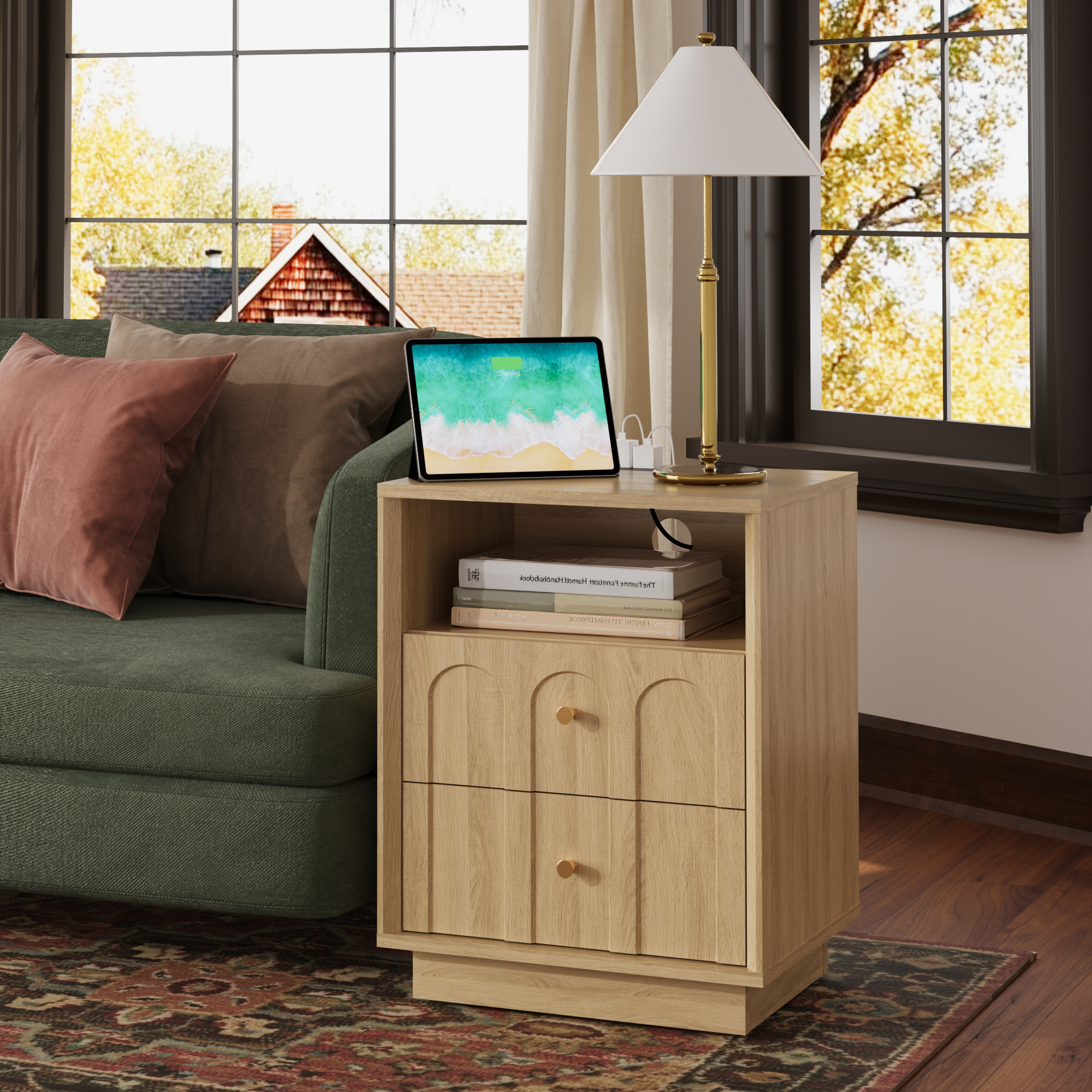 Mid Century White Oak Nightstand with Charging Station & Drawers - FORTUNETEC