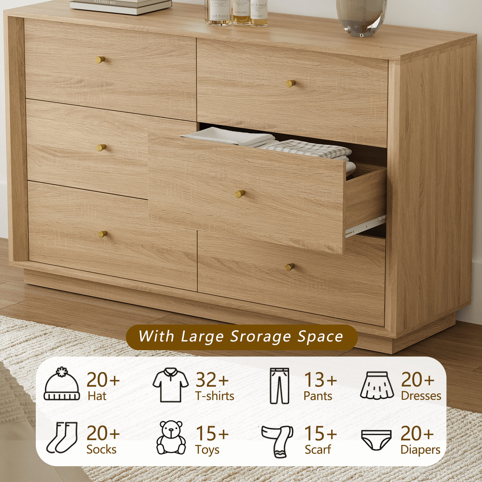 FORTUNETEC White Oak 6-Drawer Dresser – Mid-Century ModernDiscover FORTUNETEC White Oak 6-Drawer Dresser – Mid-Century Modern Look-White Oak. Perfect for elegant storage in your dining or living space!