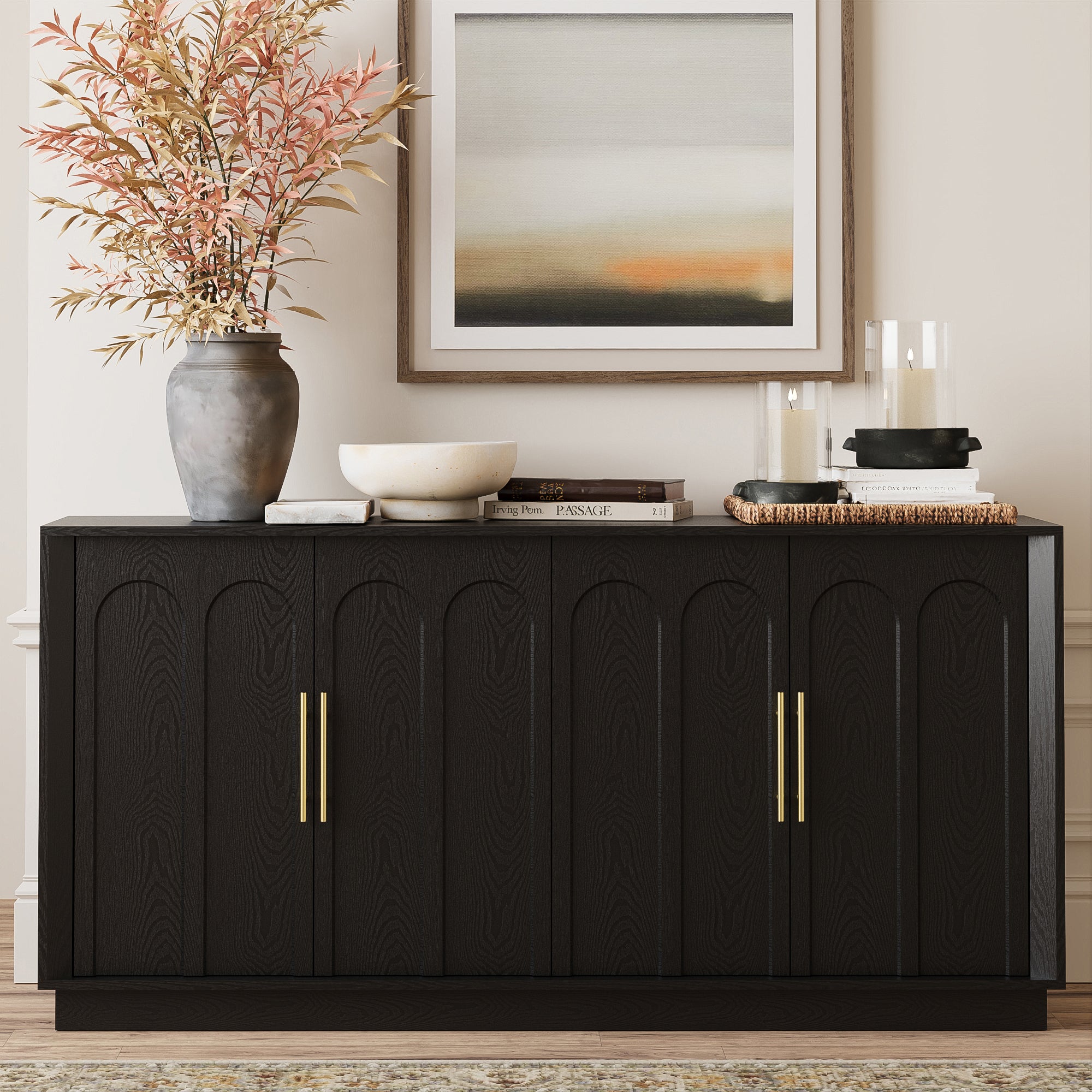 Mid-Century Modern 4-Door Arched Sideboard in Black WoodDiscover the Mid-Century Modern 4-Door Arched Sideboard in Black Wood, perfect for stylish storage in your dining room.