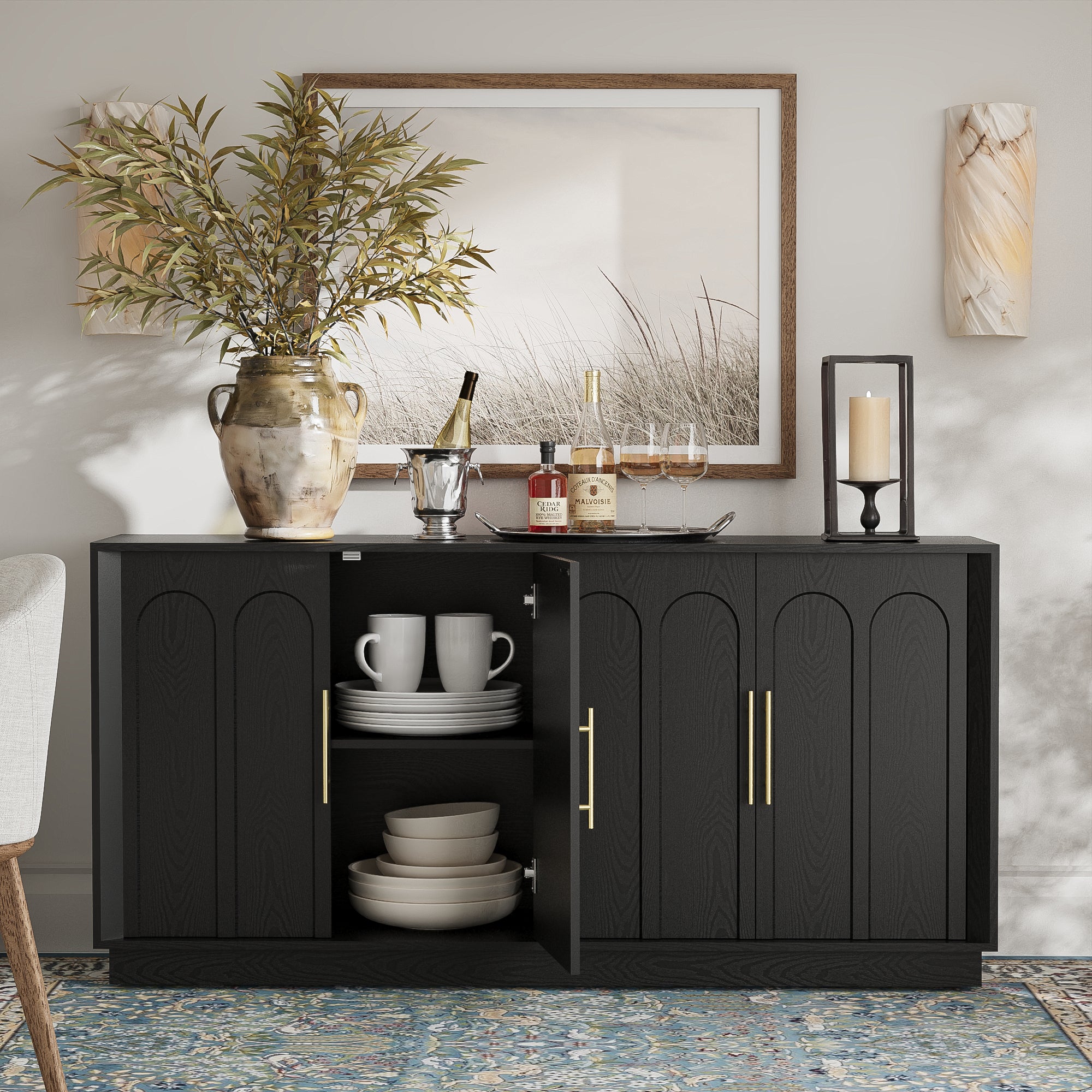 Mid-Century Modern 4-Door Arched Sideboard in Black WoodDiscover the Mid-Century Modern 4-Door Arched Sideboard in Black Wood, perfect for stylish storage in your dining room.