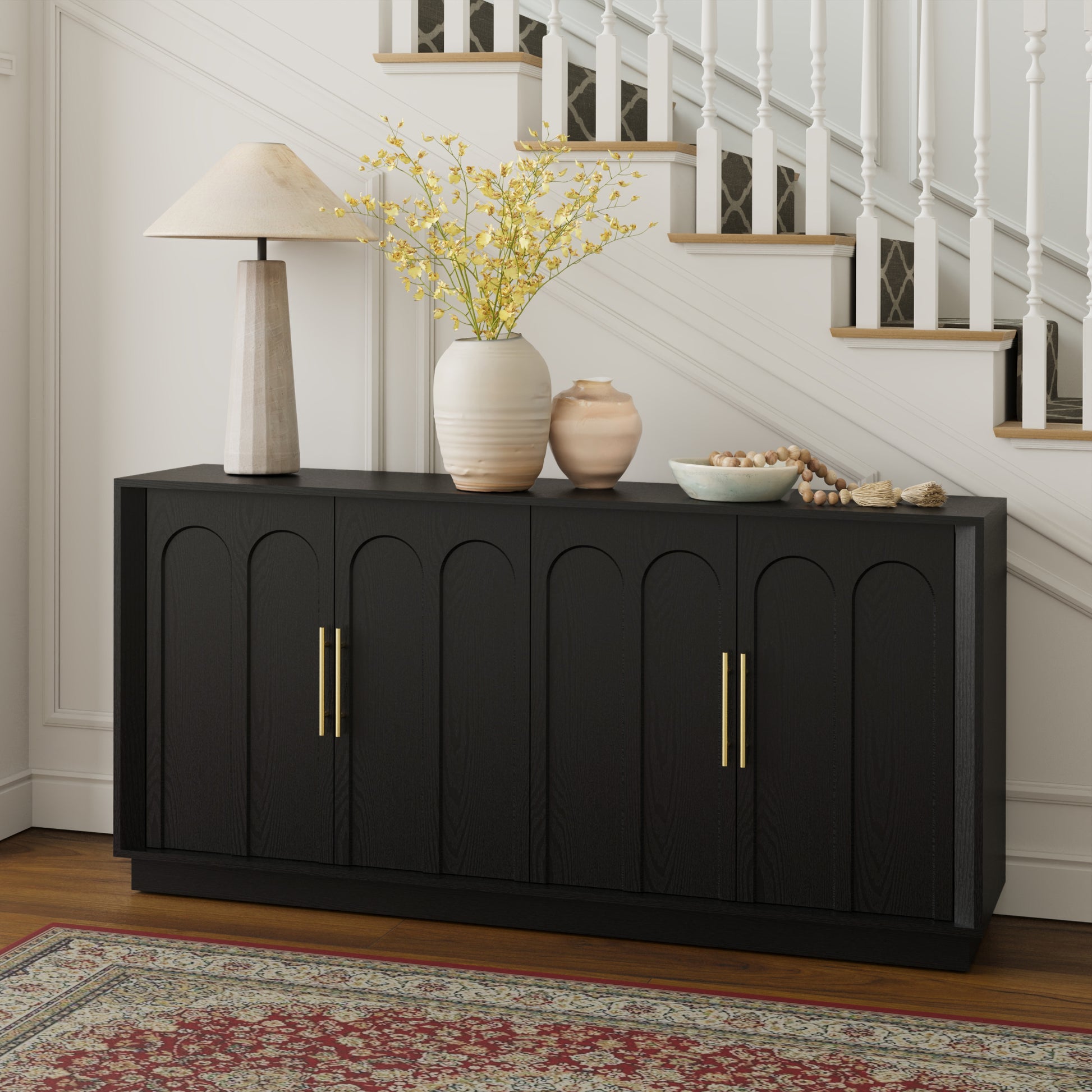 Mid-Century Modern 4-Door Arched Sideboard in Black WoodDiscover the Mid-Century Modern 4-Door Arched Sideboard in Black Wood, perfect for stylish storage in your dining room.