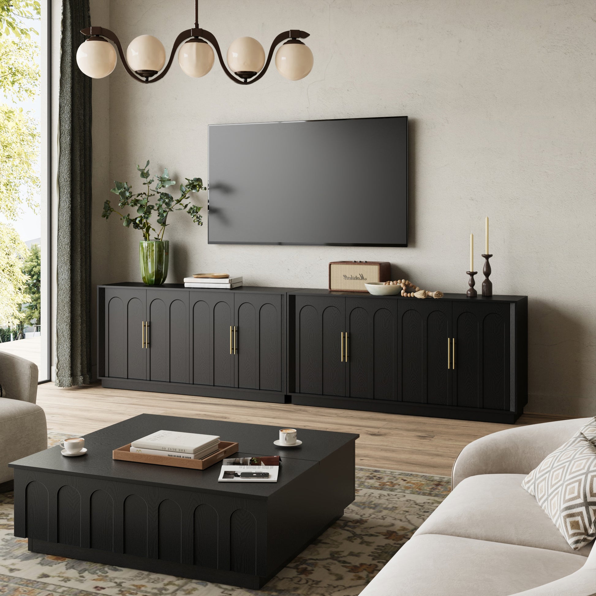 Mid-Century Modern 4-Door Arched Sideboard in Black WoodDiscover the Mid-Century Modern 4-Door Arched Sideboard in Black Wood, perfect for stylish storage in your dining room.