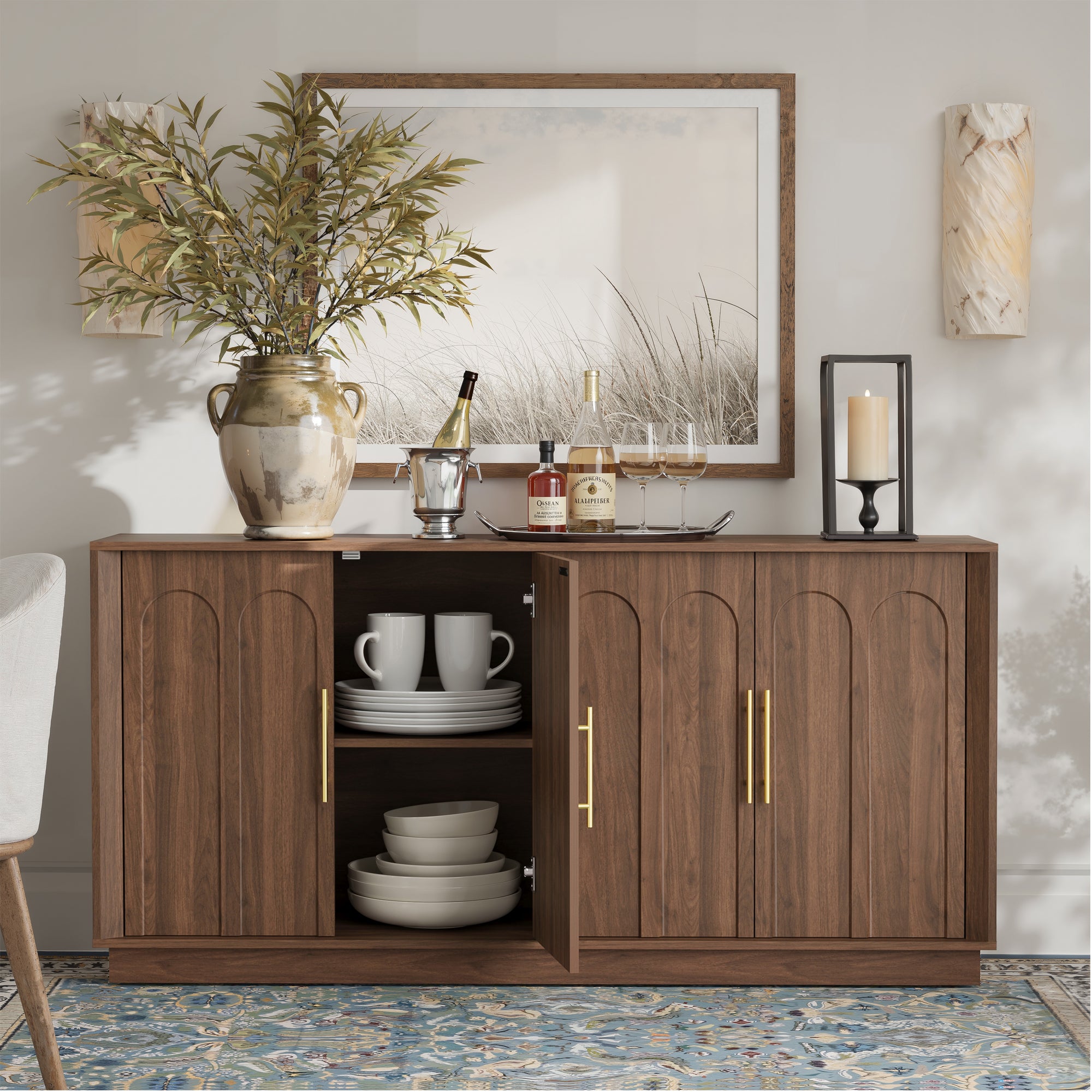 Mid-Century Modern 4-Door Arched Sideboard in Walnut WoodDiscover the Mid-Century Modern 4-Door Arched Sideboard in Walnut Wood, perfect for elegant dining storage and timeless design.