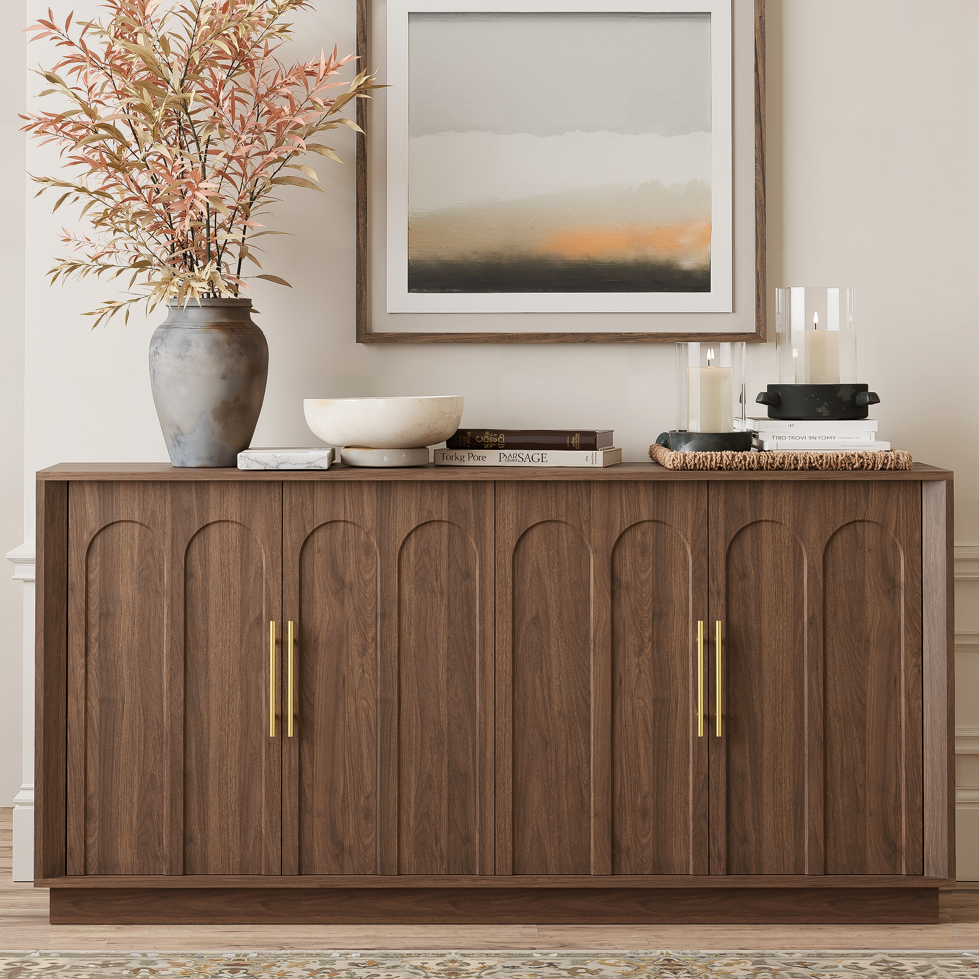 Mid-Century Modern 4-Door Arched Sideboard in Walnut WoodDiscover the Mid-Century Modern 4-Door Arched Sideboard in Walnut Wood, perfect for elegant dining storage and timeless design.