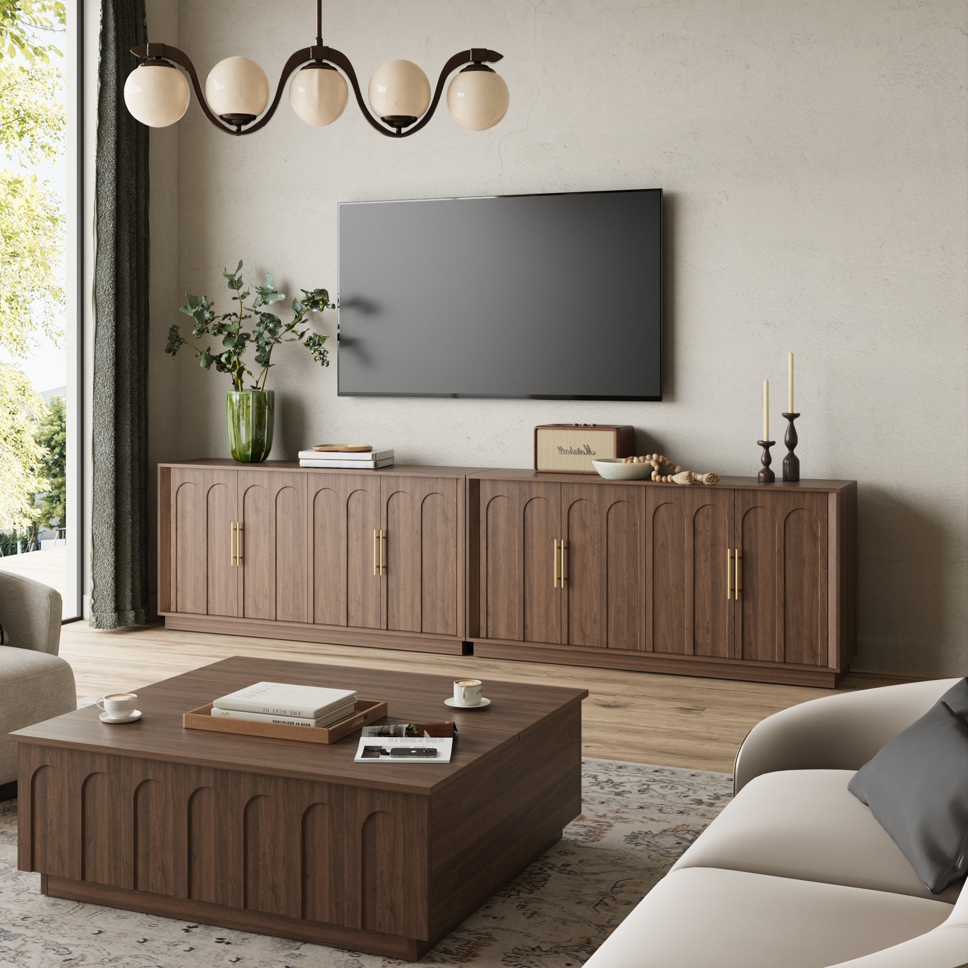 Mid-Century Modern 4-Door Arched Sideboard in Walnut WoodDiscover the Mid-Century Modern 4-Door Arched Sideboard in Walnut Wood, perfect for elegant dining storage and timeless design.