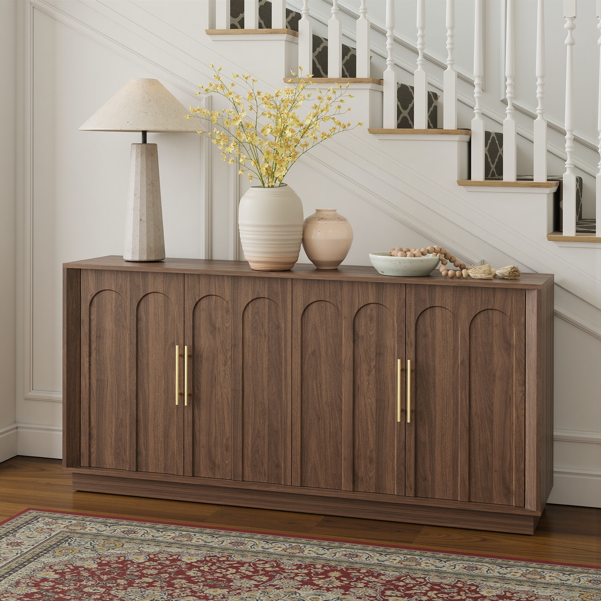 Mid-Century Modern 4-Door Arched Sideboard in Walnut WoodDiscover the Mid-Century Modern 4-Door Arched Sideboard in Walnut Wood, perfect for elegant dining storage and timeless design.