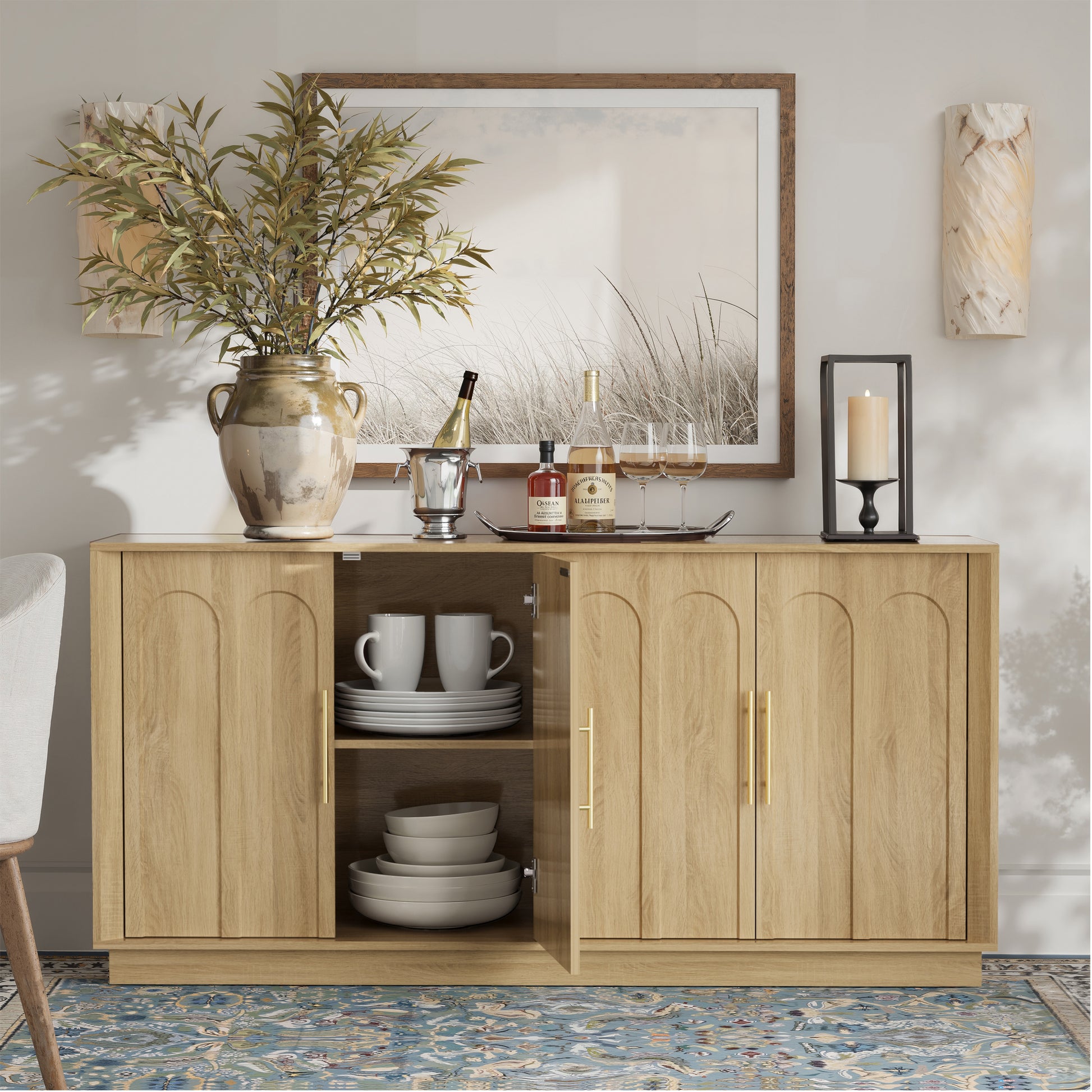 Mid-Century Modern 4-Door Arched Sideboard in White Oak WoodDiscover the Mid-Century Modern 4-Door Arched Sideboard in White Oak Wood, combining elegance with functional storage for your dining space.