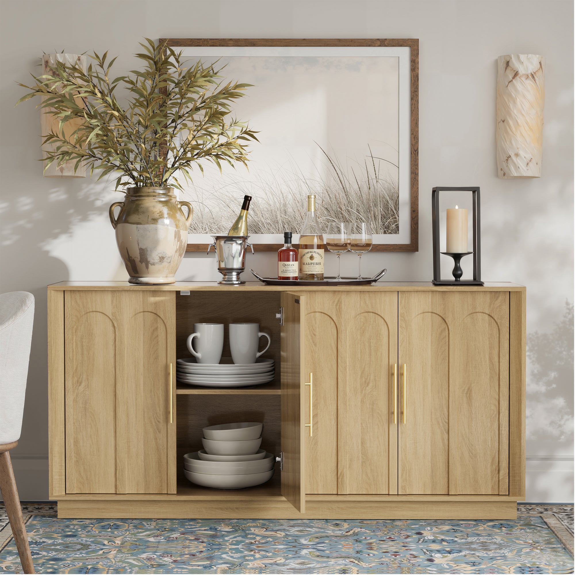 Mid-Century Modern 4-Door Arched Sideboard in White Oak WoodDiscover the Mid-Century Modern 4-Door Arched Sideboard in White Oak Wood, combining elegance with functional storage for your dining space.