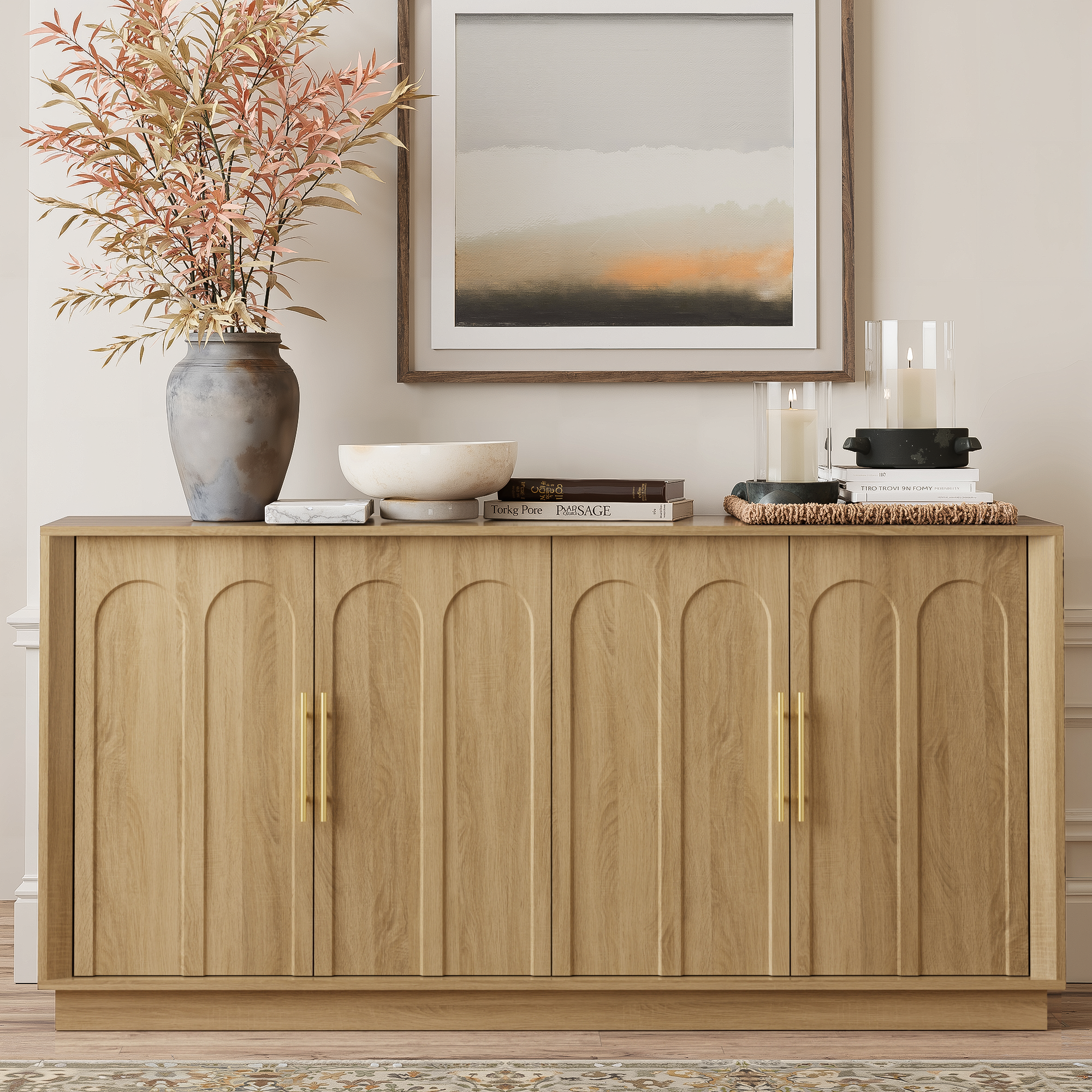 Mid-Century Modern 4-Door Arched Sideboard in White Oak WoodDiscover the Mid-Century Modern 4-Door Arched Sideboard in White Oak Wood, combining elegance with functional storage for your dining space.