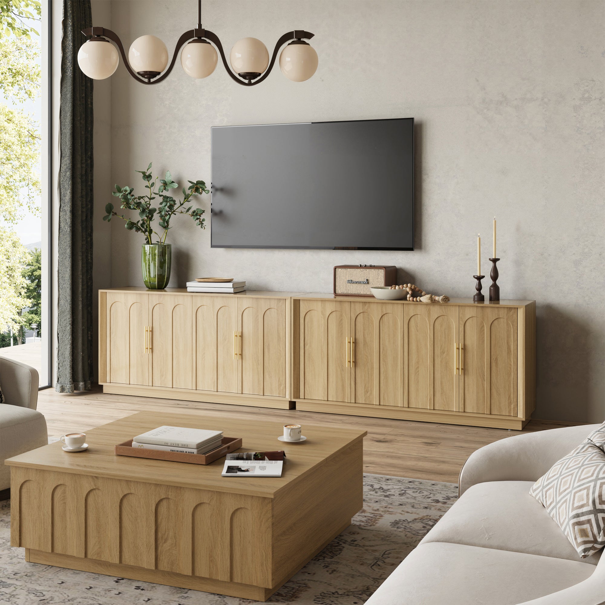 Mid-Century Modern 4-Door Arched Sideboard in White Oak WoodDiscover the Mid-Century Modern 4-Door Arched Sideboard in White Oak Wood, combining elegance with functional storage for your dining space.