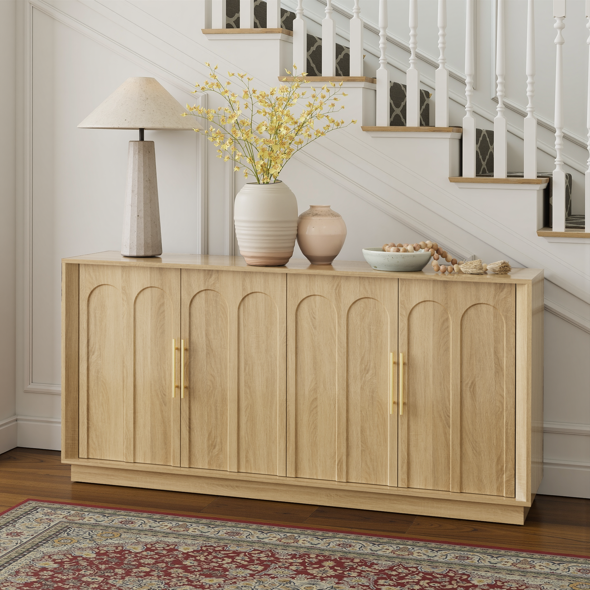 Mid-Century Modern 4-Door Arched Sideboard in White Oak WoodDiscover the Mid-Century Modern 4-Door Arched Sideboard in White Oak Wood, combining elegance with functional storage for your dining space.