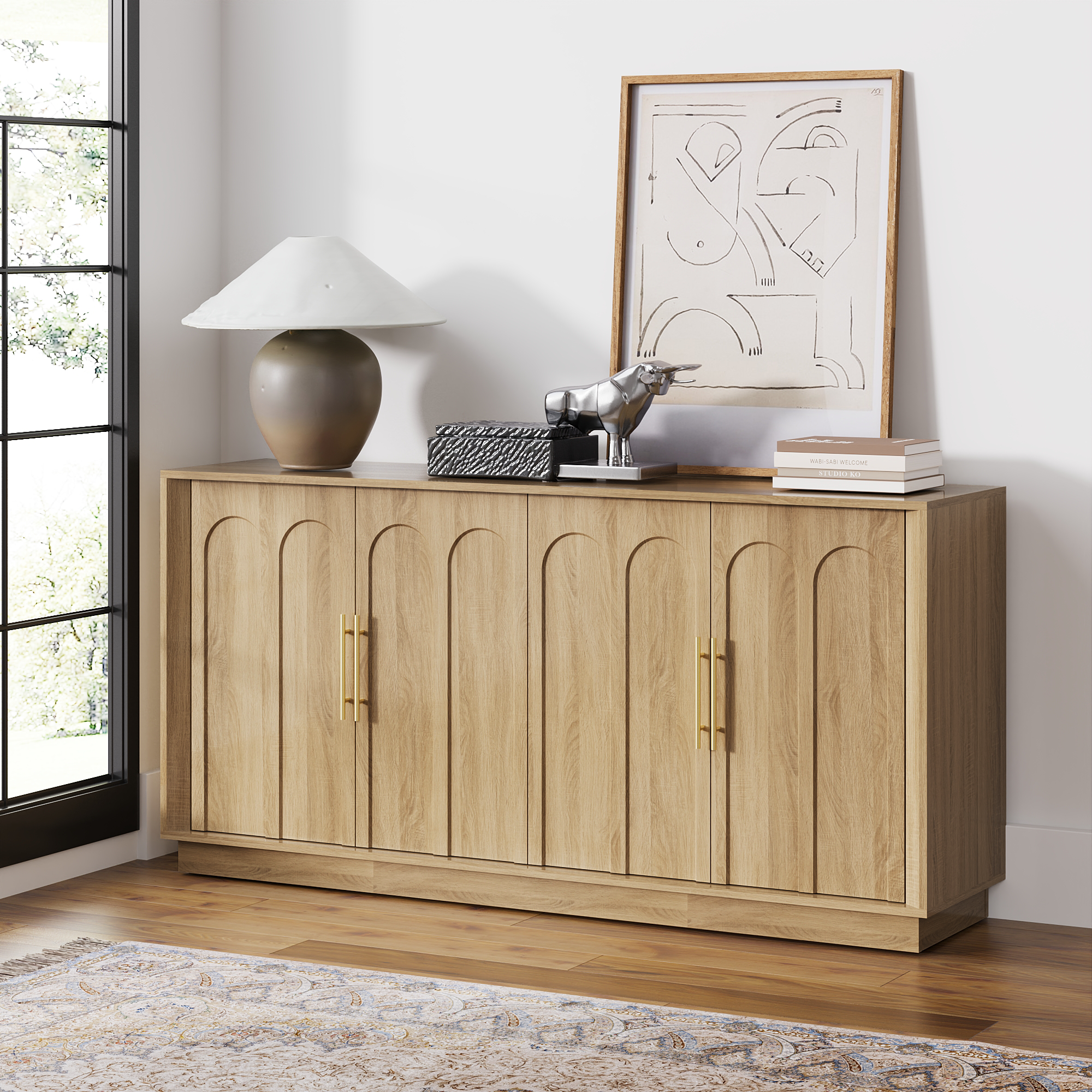 Mid-Century Modern 4-Door Arched Sideboard in White Oak WoodDiscover the Mid-Century Modern 4-Door Arched Sideboard in White Oak Wood, combining elegance with functional storage for your dining space.