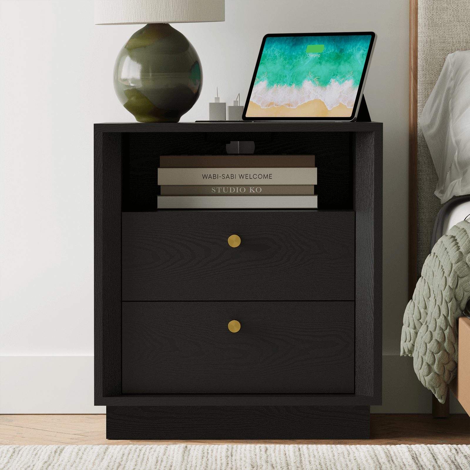 Mid-Century Modern Beveled Nightstand in Black WoodDiscover the Mid-Century Modern Beveled Nightstand in Black Wood for elegant storage and stylish design in your bedroom.