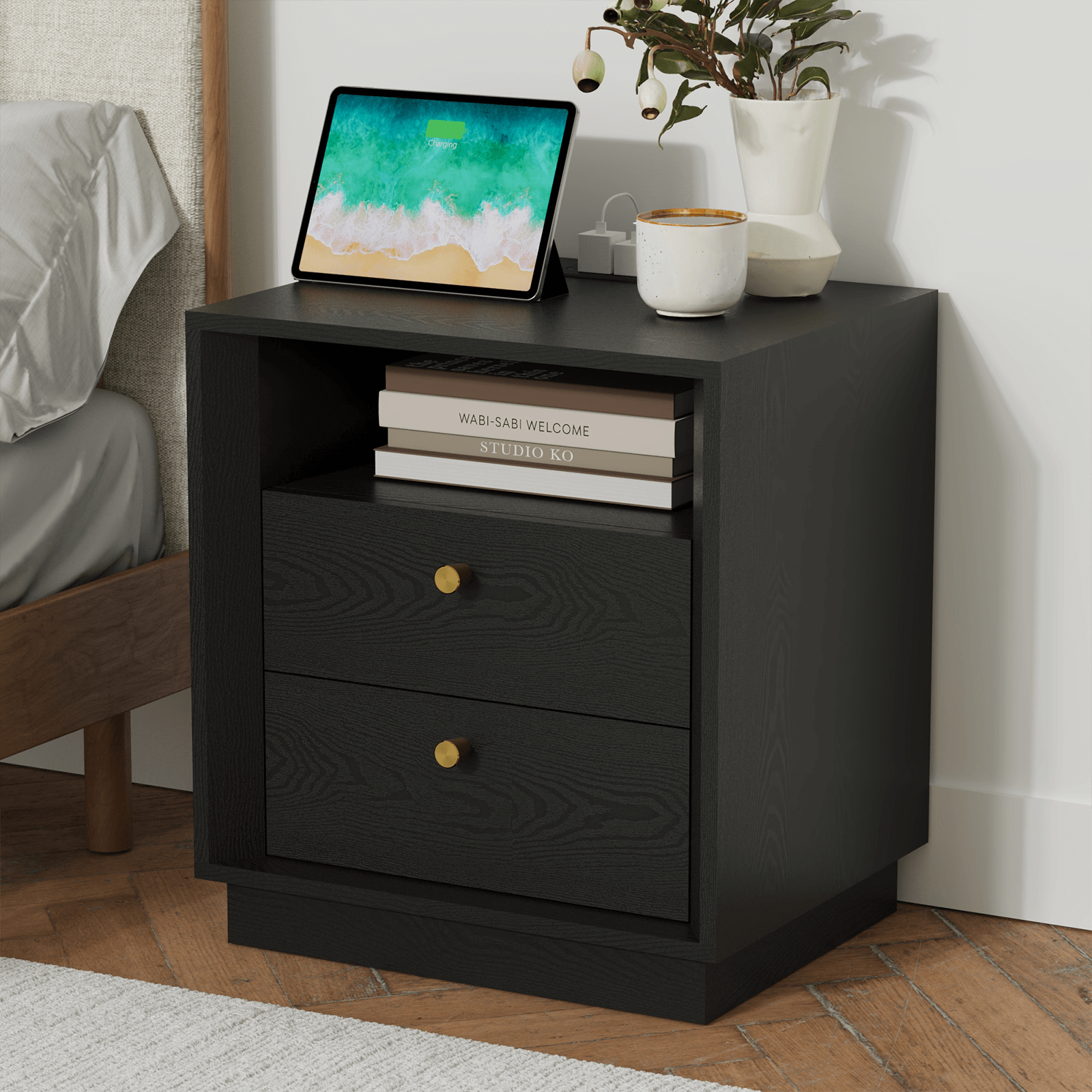 Mid-Century Modern Beveled Nightstand in Black WoodDiscover the Mid-Century Modern Beveled Nightstand in Black Wood for elegant storage and stylish design in your bedroom.