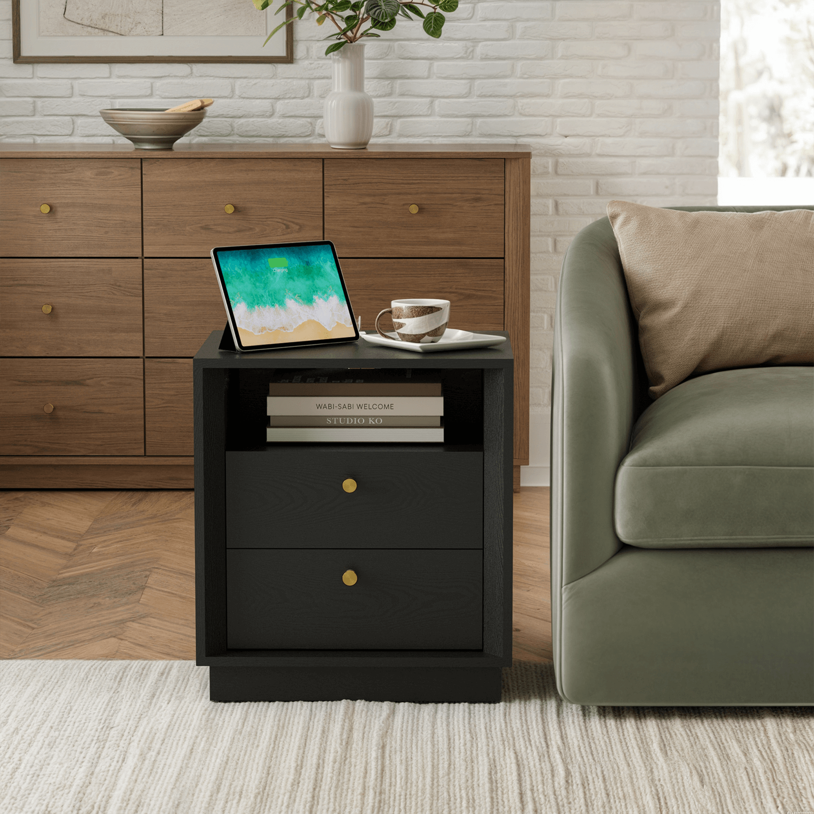 Mid-Century Modern Beveled Nightstand in Black WoodDiscover the Mid-Century Modern Beveled Nightstand in Black Wood for elegant storage and stylish design in your bedroom.
