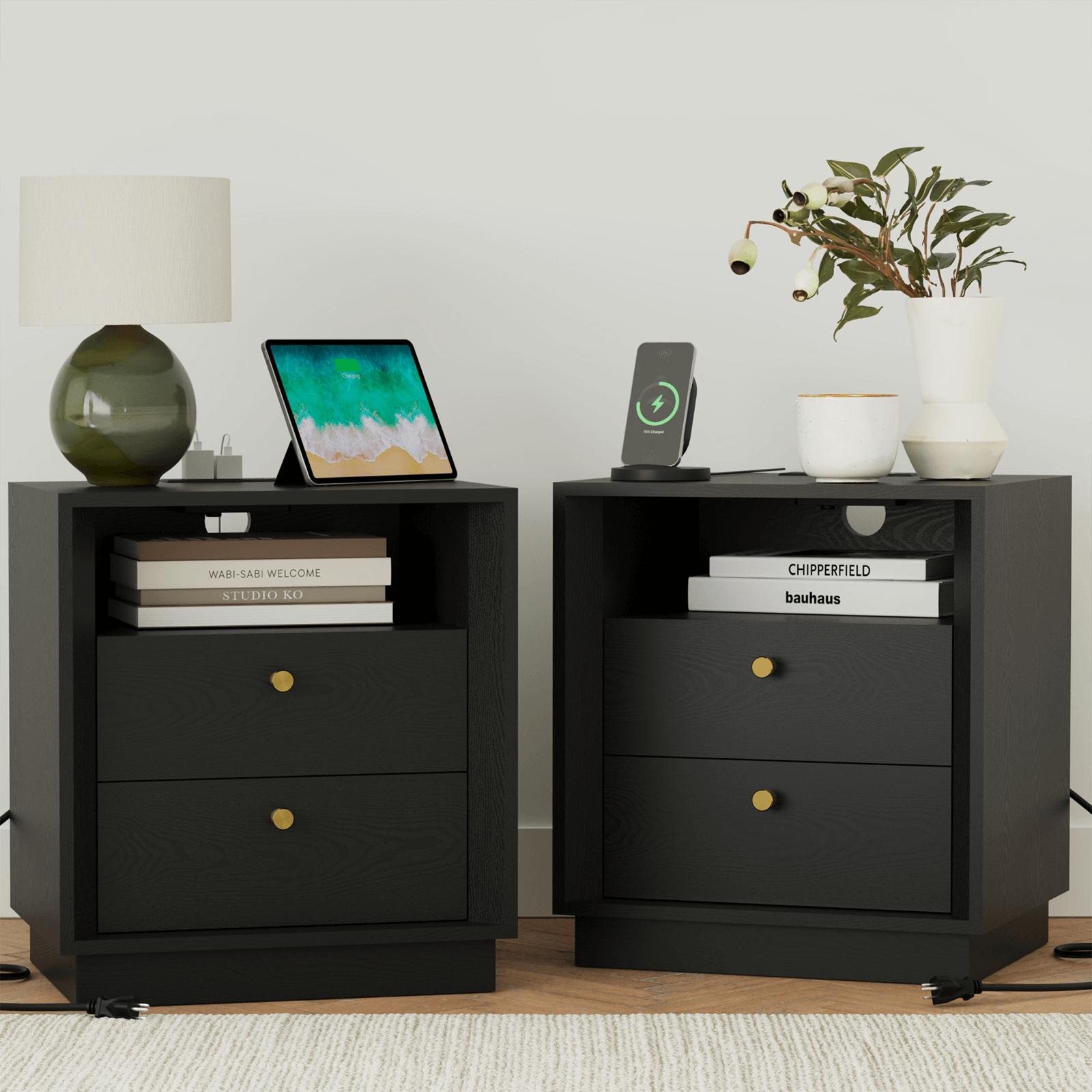 Mid-Century Modern Beveled Nightstand in Black WoodDiscover the Mid-Century Modern Beveled Nightstand in Black Wood for elegant storage and stylish design in your bedroom.