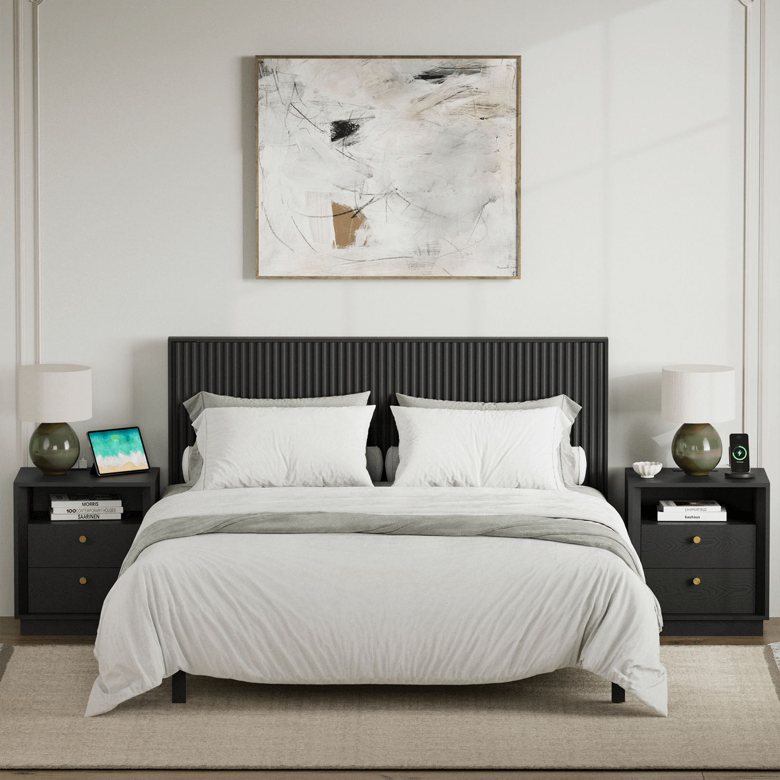 Mid-Century Modern Beveled Nightstand in Black WoodDiscover the Mid-Century Modern Beveled Nightstand in Black Wood for elegant storage and stylish design in your bedroom.