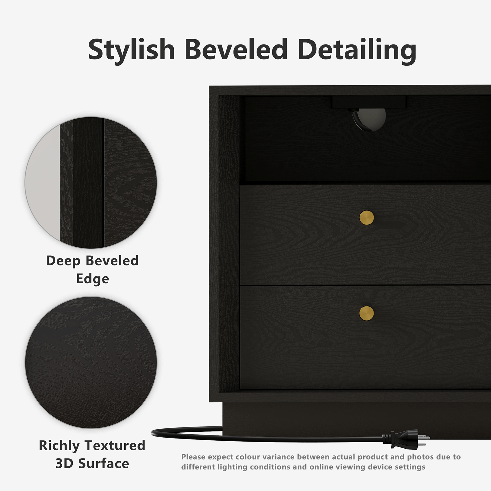 Mid-Century Modern Beveled Nightstand in Black WoodDiscover the Mid-Century Modern Beveled Nightstand in Black Wood for elegant storage and stylish design in your bedroom.