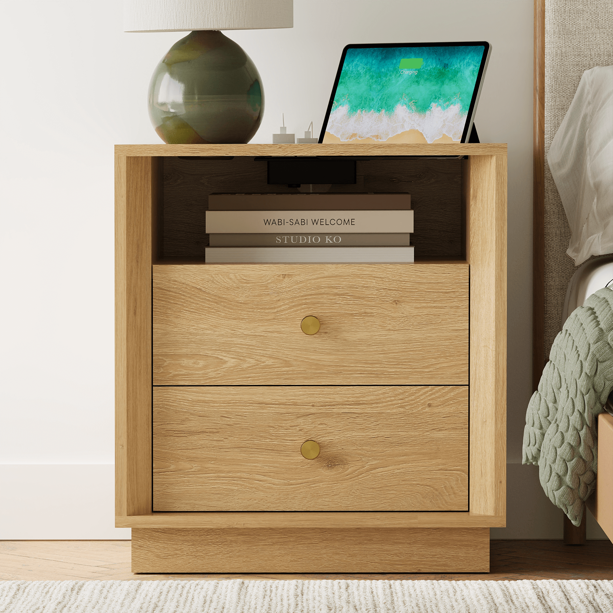 Mid-Century Modern Beveled Nightstand in Golden Oak WoodShop the Mid-Century Modern Beveled Nightstand in Golden Oak Wood for timeless style and elegant design in your bedroom.