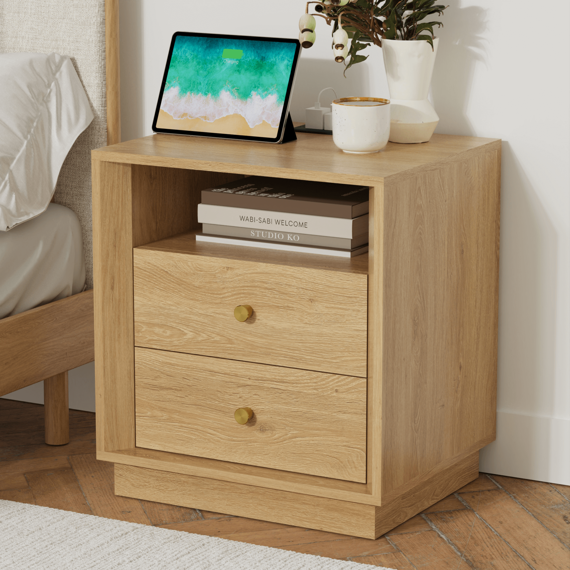 Mid-Century Modern Beveled Nightstand in Golden Oak WoodShop the Mid-Century Modern Beveled Nightstand in Golden Oak Wood for timeless style and elegant design in your bedroom.