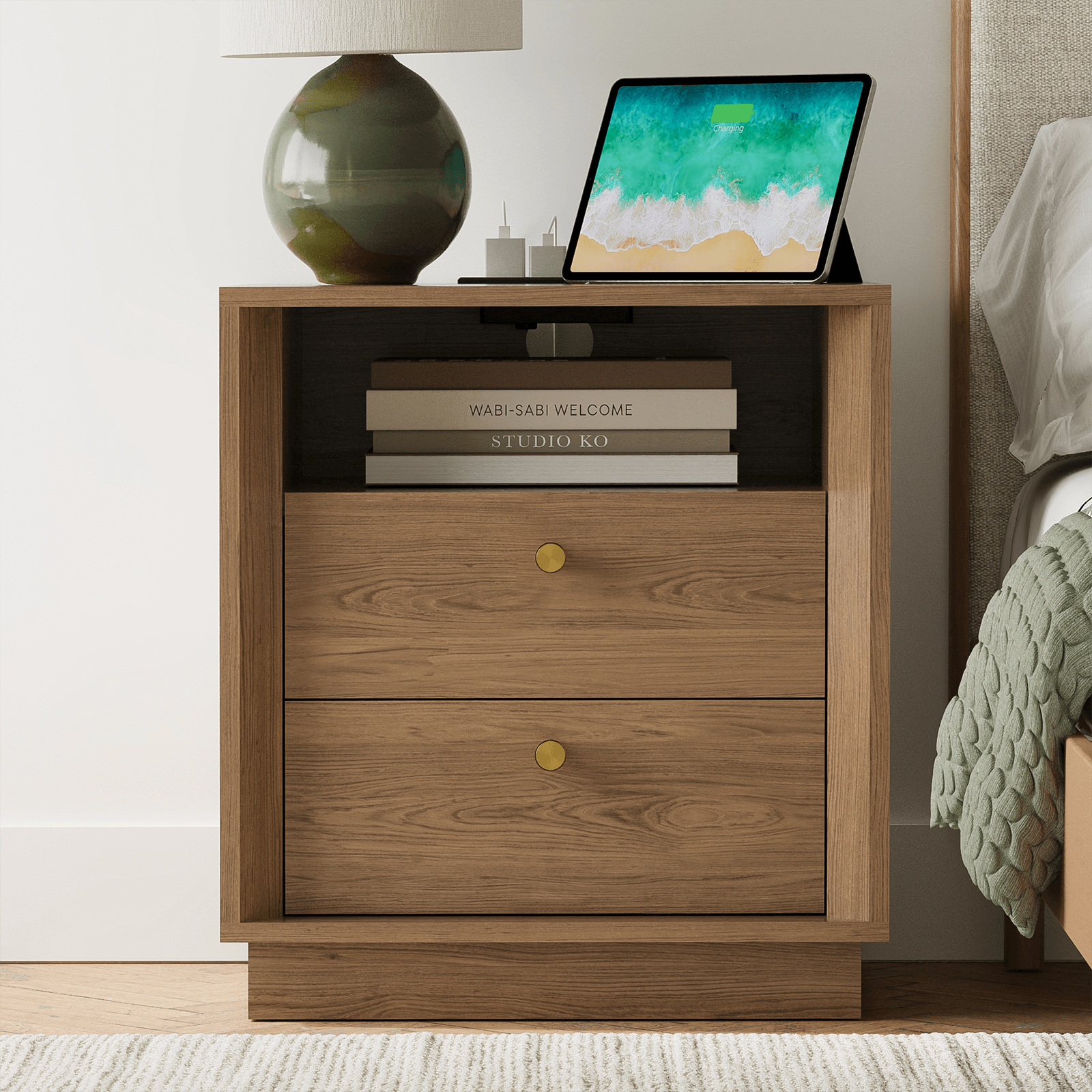 Mid-Century Modern Beveled Nightstand in Walnut WoodDiscover the Mid-Century Modern Beveled Nightstand in Walnut Wood, a blend of timeless style and practicality for your bedroom.