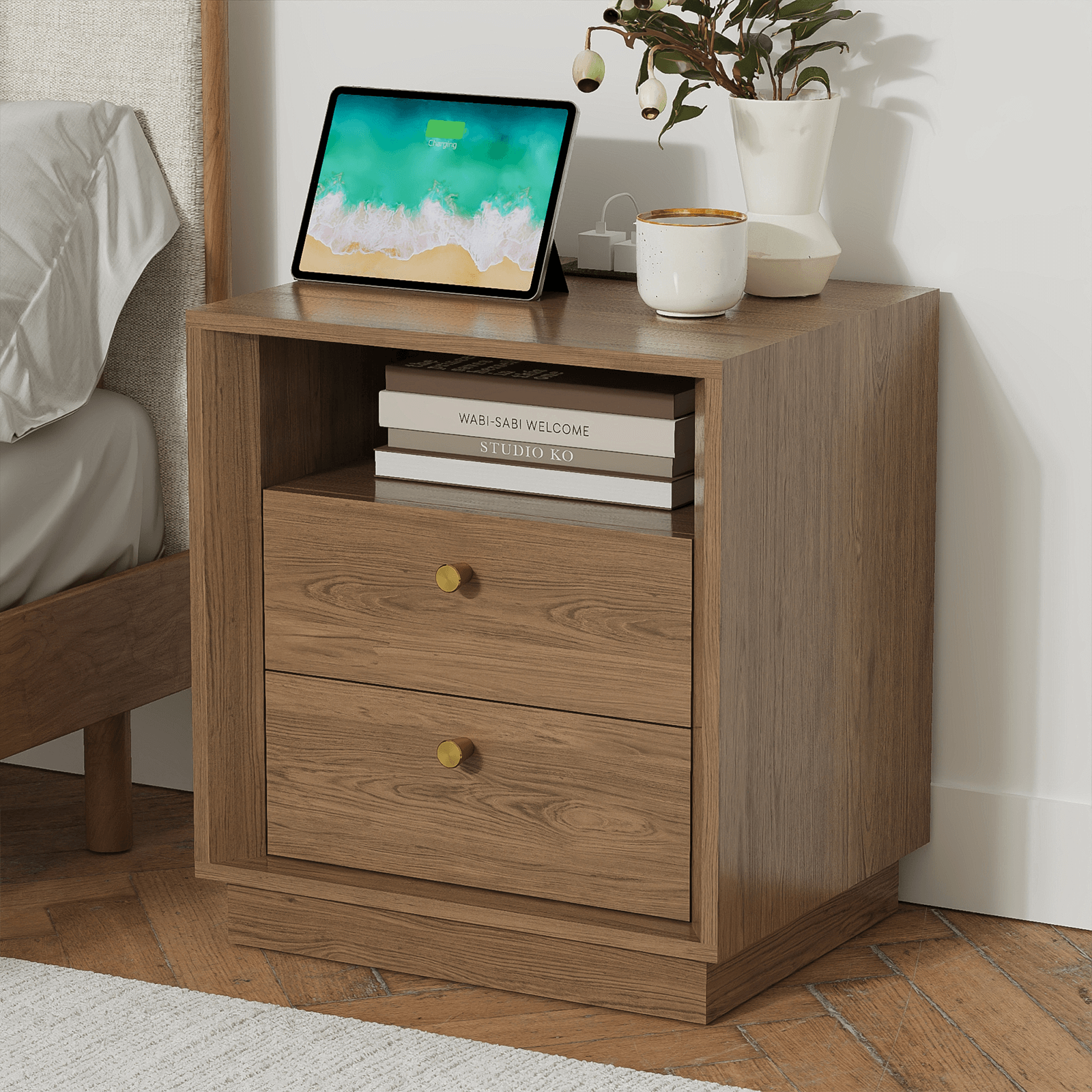 Mid-Century Modern Beveled Nightstand in Walnut WoodDiscover the Mid-Century Modern Beveled Nightstand in Walnut Wood, a blend of timeless style and practicality for your bedroom.