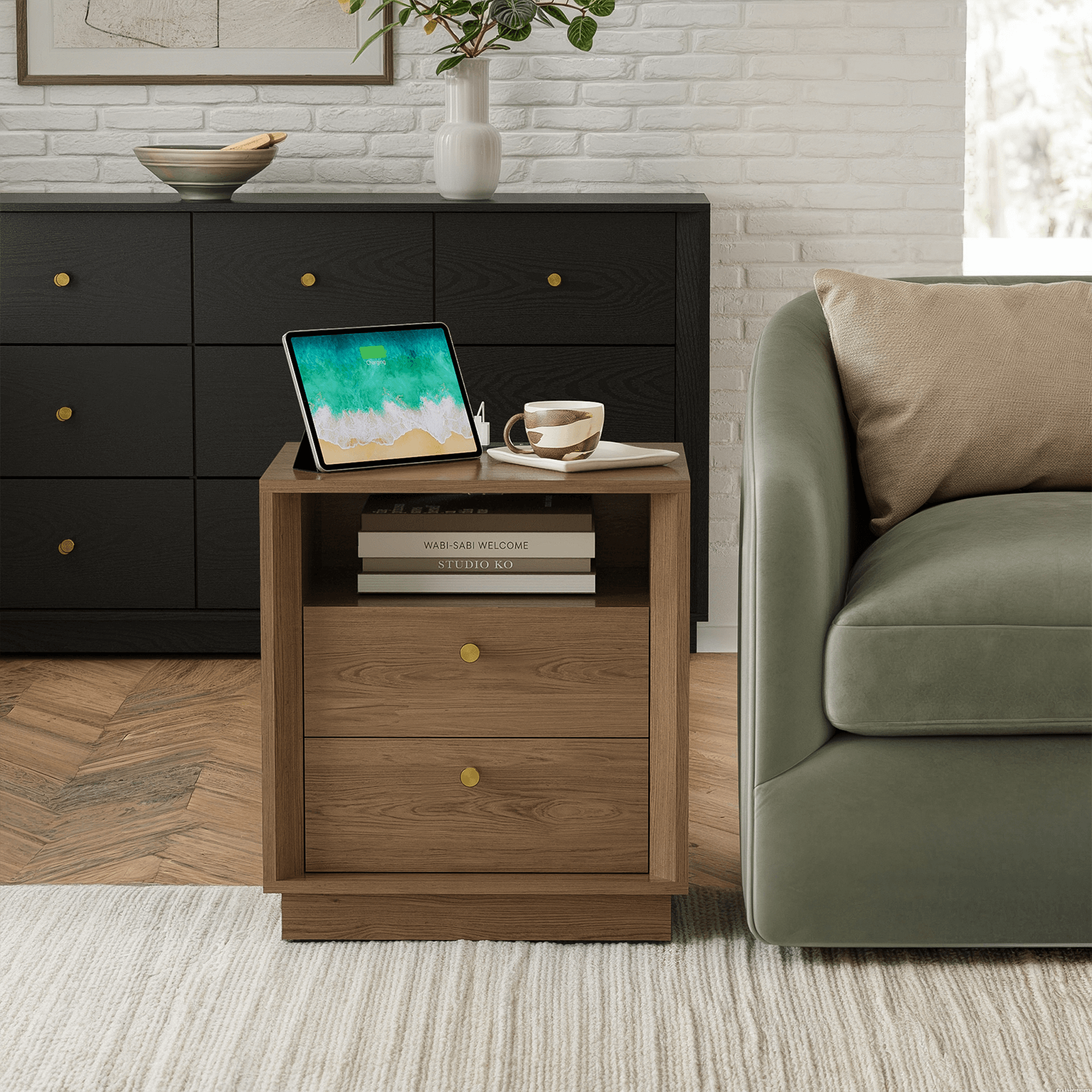 Mid-Century Modern Beveled Nightstand in Walnut WoodDiscover the Mid-Century Modern Beveled Nightstand in Walnut Wood, a blend of timeless style and practicality for your bedroom.