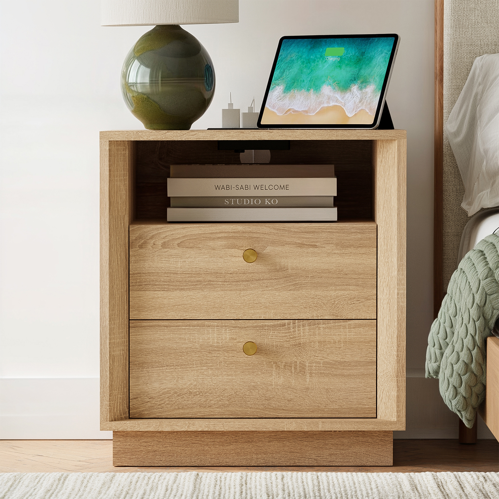 Mid-Century Modern Beveled Nightstand in White Oak WoodDiscover the Mid-Century Modern Beveled Nightstand in White Oak Wood, combining style with functionality for your bedroom.