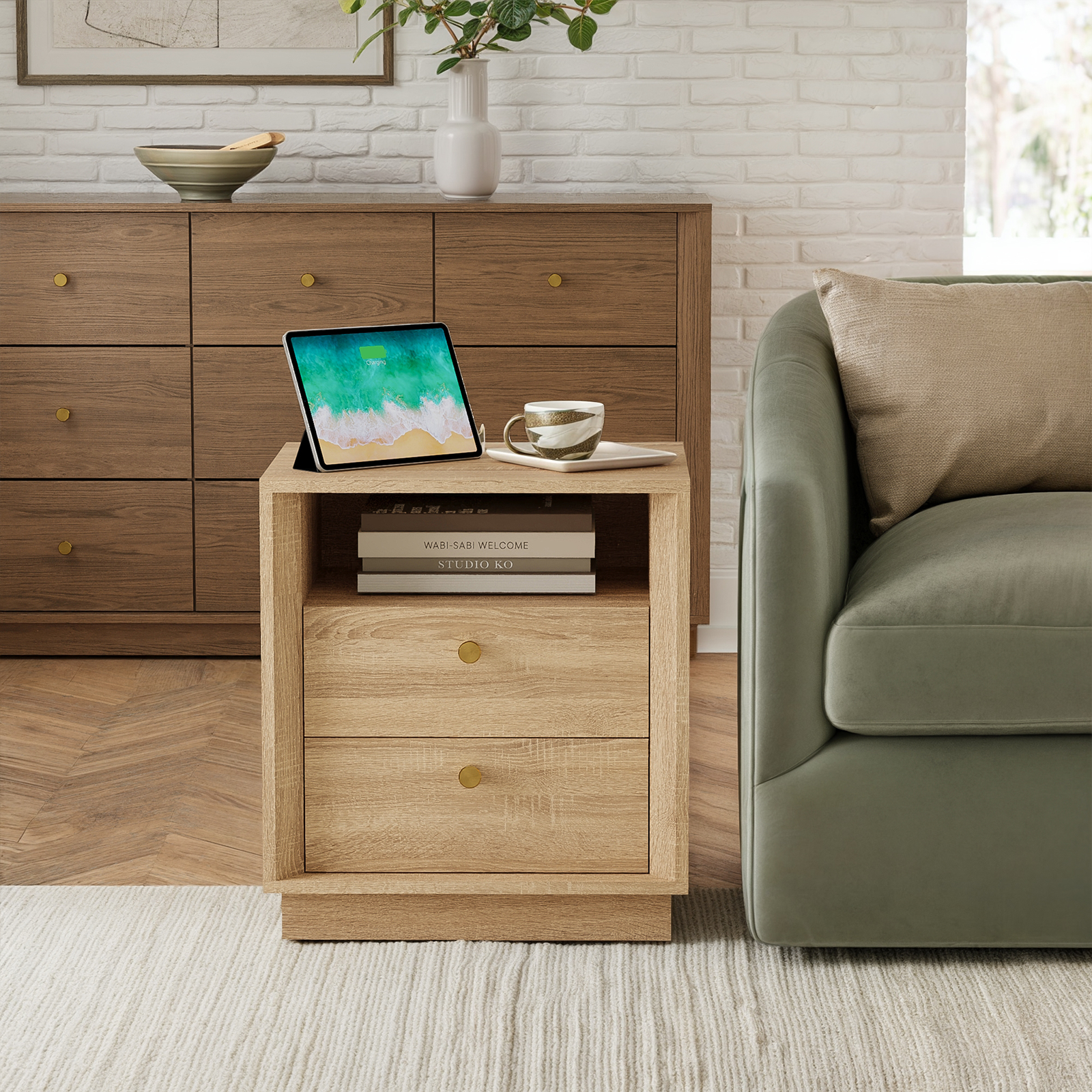 Mid-Century Modern Beveled Nightstand in White Oak WoodDiscover the Mid-Century Modern Beveled Nightstand in White Oak Wood, combining style with functionality for your bedroom.