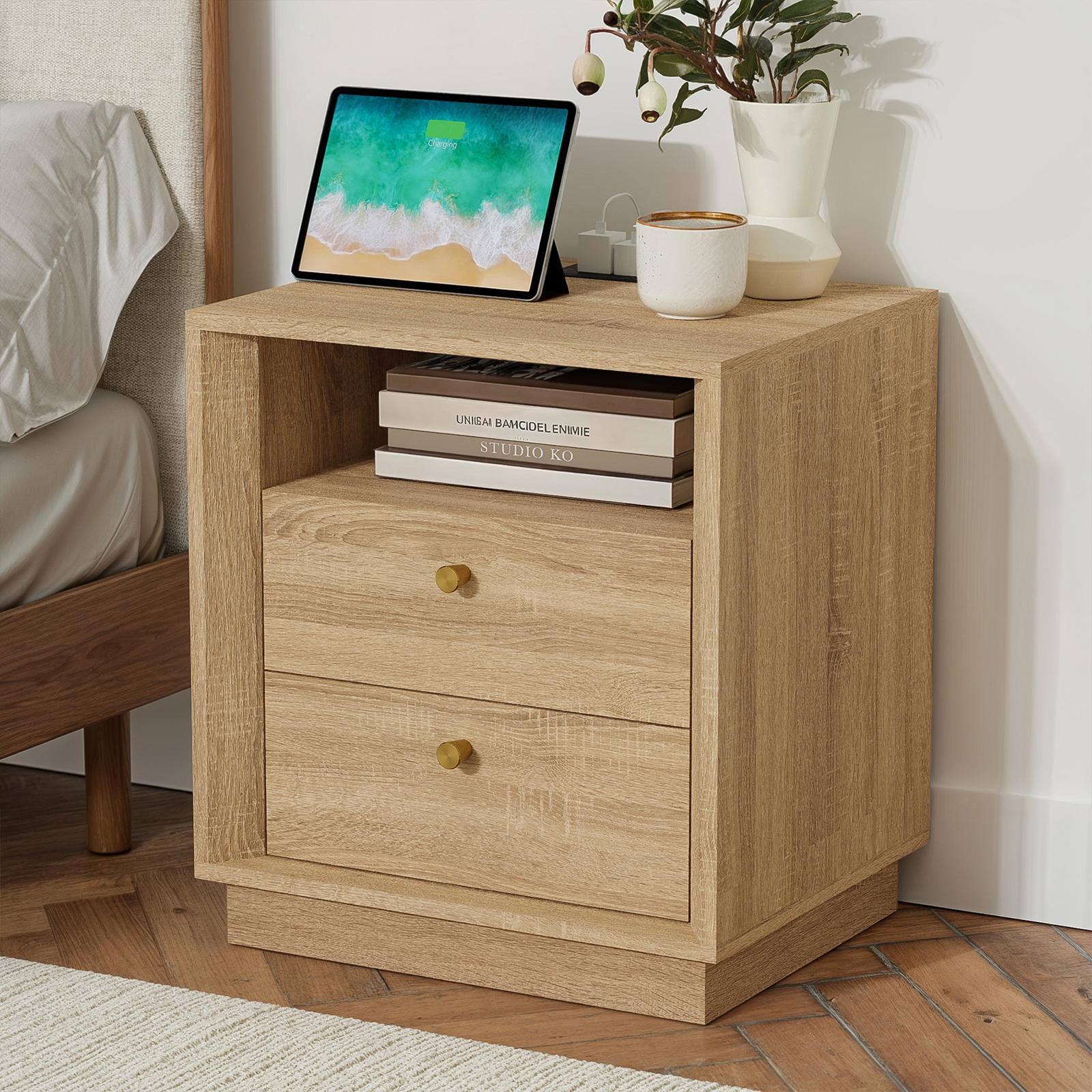 Mid-Century Modern Beveled Nightstand in White Oak WoodDiscover the Mid-Century Modern Beveled Nightstand in White Oak Wood, combining style with functionality for your bedroom.